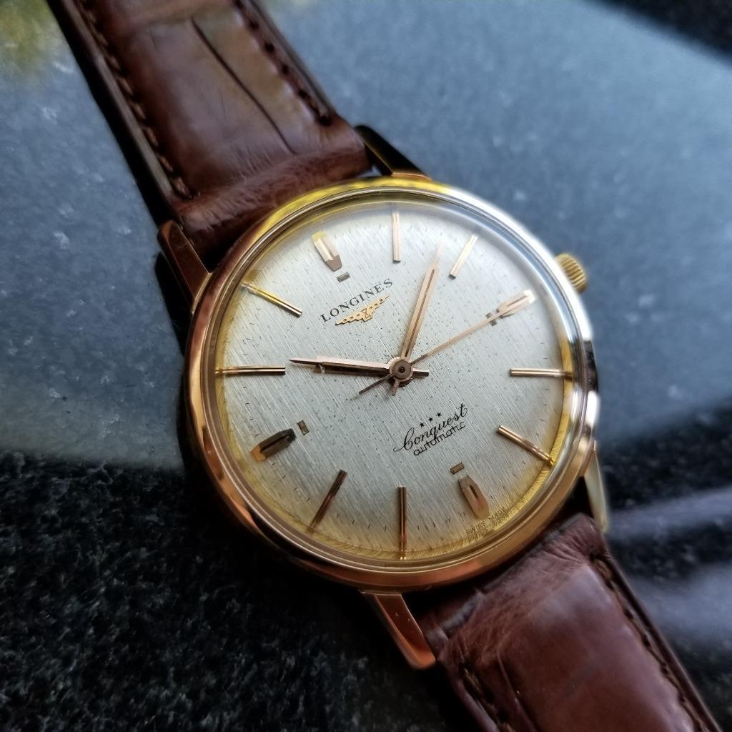 Vintage Unique 35mm Longines Original Conquest 18k Solid Rose Gold Automatic 1960s watch on new brown crocodile strap in excellent . Swiss Made Watch. Vintage Longines Gold Swiss Beautiful Watch No Damage, This watch has been cleaned and serviced