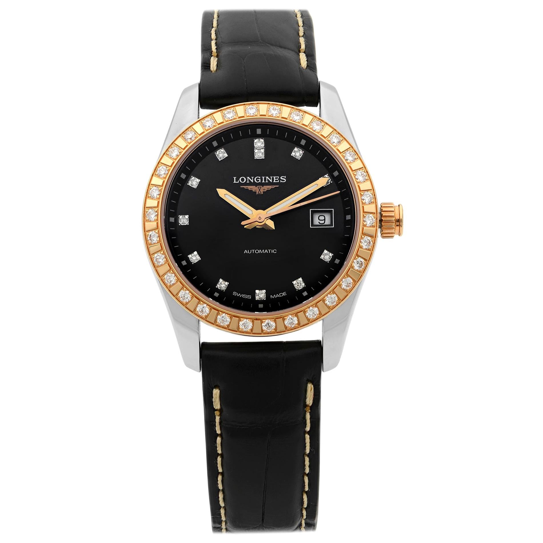 Longines Conquest Classic 18K Gold Diamond Black Dial Ladies Watch L2.285.5.57.3