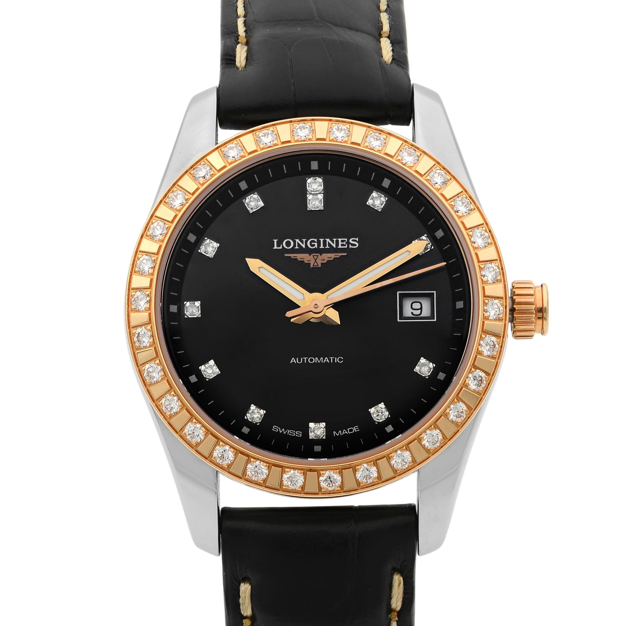 Display Model Longines Conquest Classic 18K Gold Diamond Black Dial Ladies Watch L2.285.5.57.3. This Beautiful Timepiece Features: Stainless Steel Case with a Black Leather Strap with White Stitching, a Fixed 18k Rose Gold Bezel Set with Diamonds, a