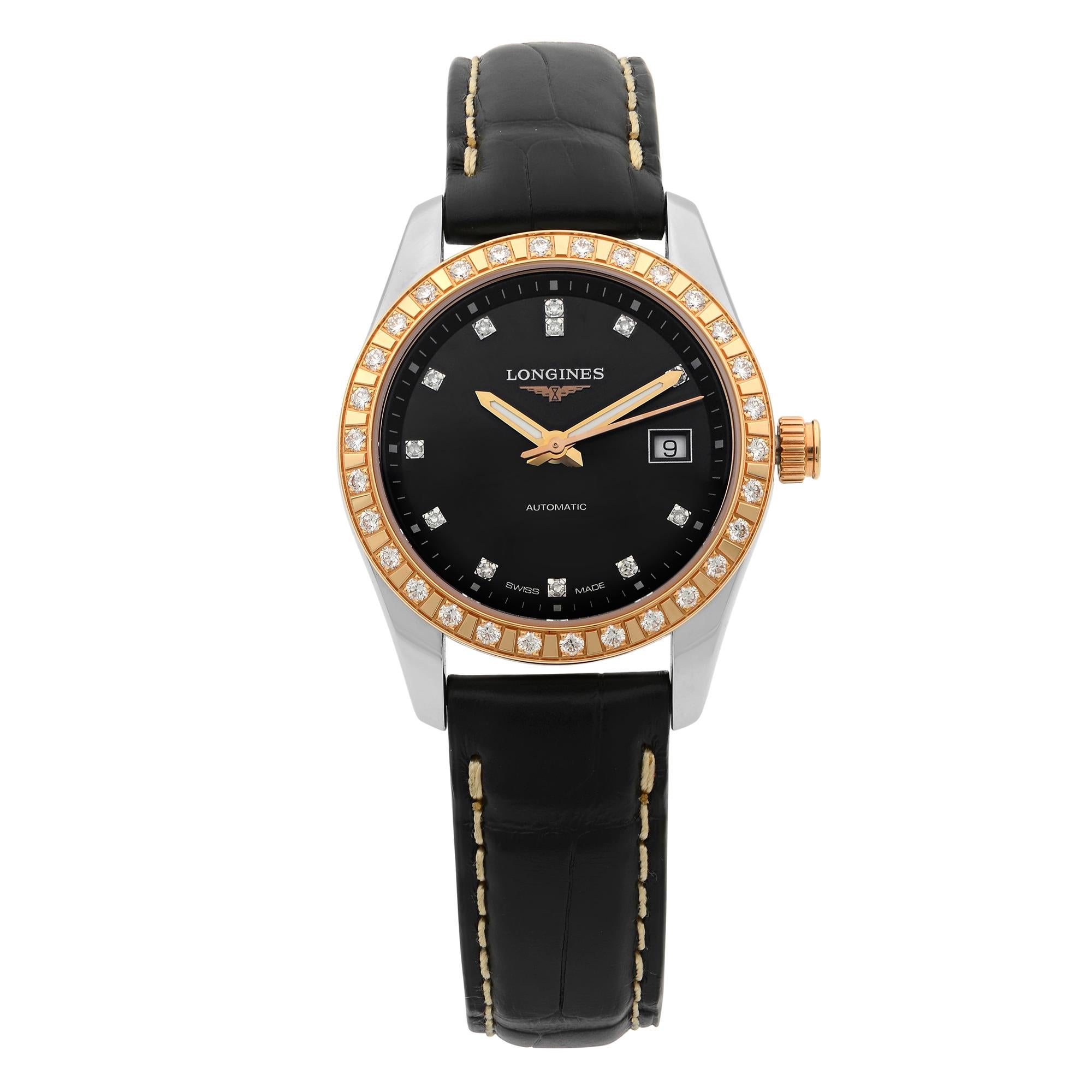Longines Conquest Classic 18K Gold Steel Black Dial Ladies Watch L2.285.5.57.3
