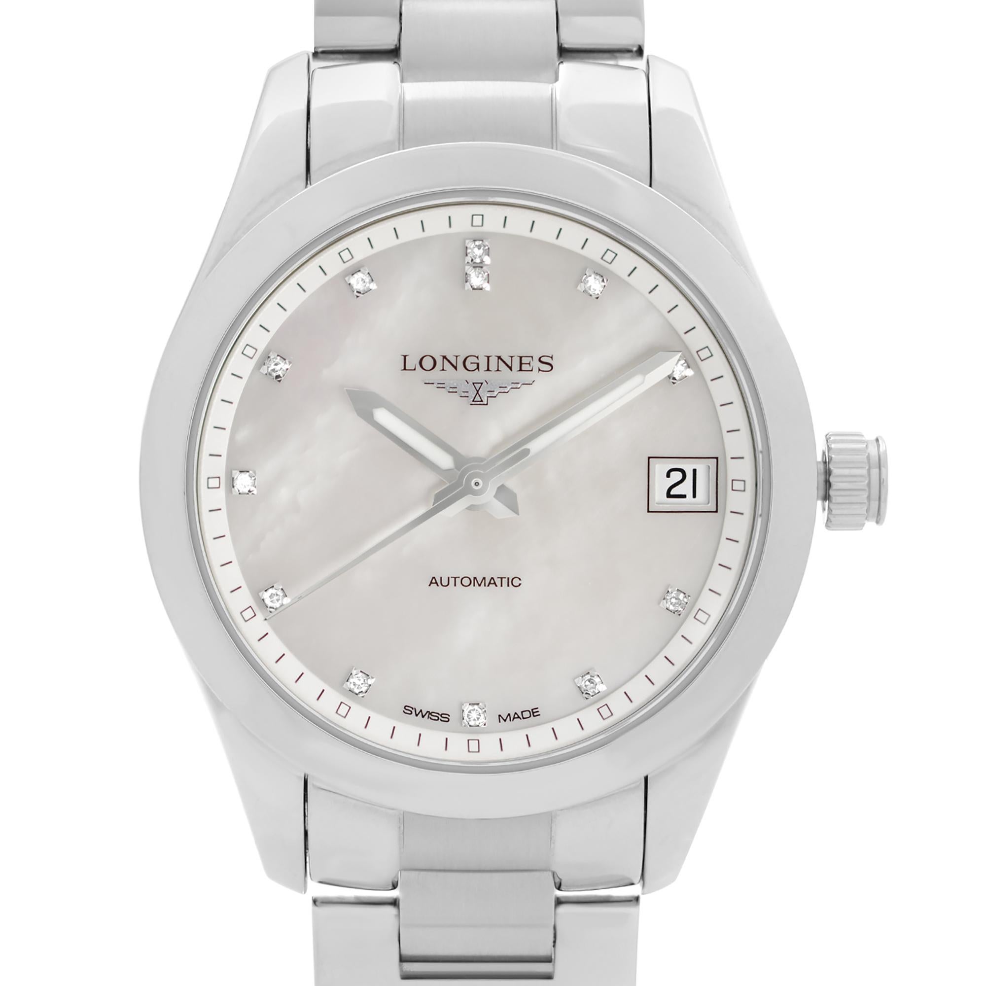 Never Worn Longines Conquest Classic Steel MOP Dial Automatic Ladies Watch L2.385.4.87.6. This Beautiful Timepiece Features: Stainless Steel Case and Bracelet. Mother of Pearl Dial with Luminous Hands, and 12 Diamonds Hour Markers (0.048 ct.). The