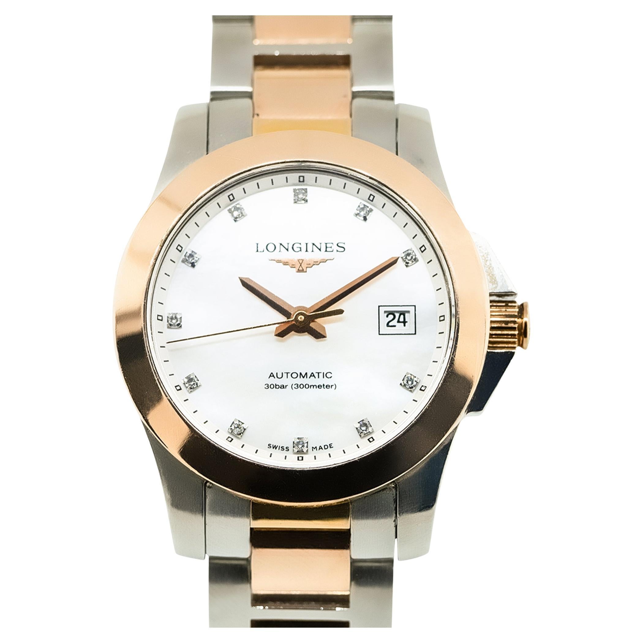 Longines Conquest Mother of Pearl Dial Rose and Steel 18 Karat Watch in Stock For Sale