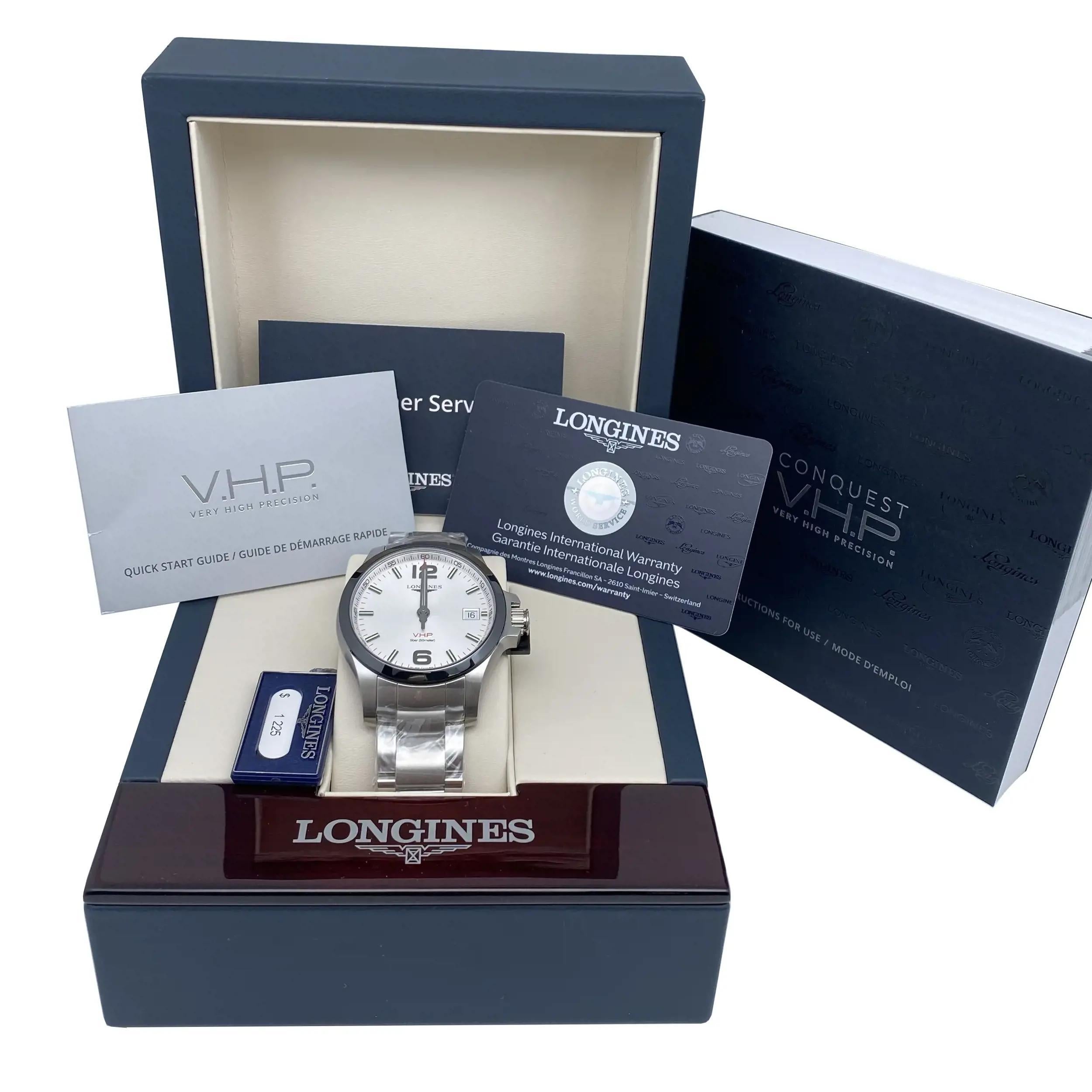 Longines Conquest V.H.P. 41mm Steel Ceramic Silver Dial Mens Watch L3.719.4.76.6 In New Condition For Sale In New York, NY