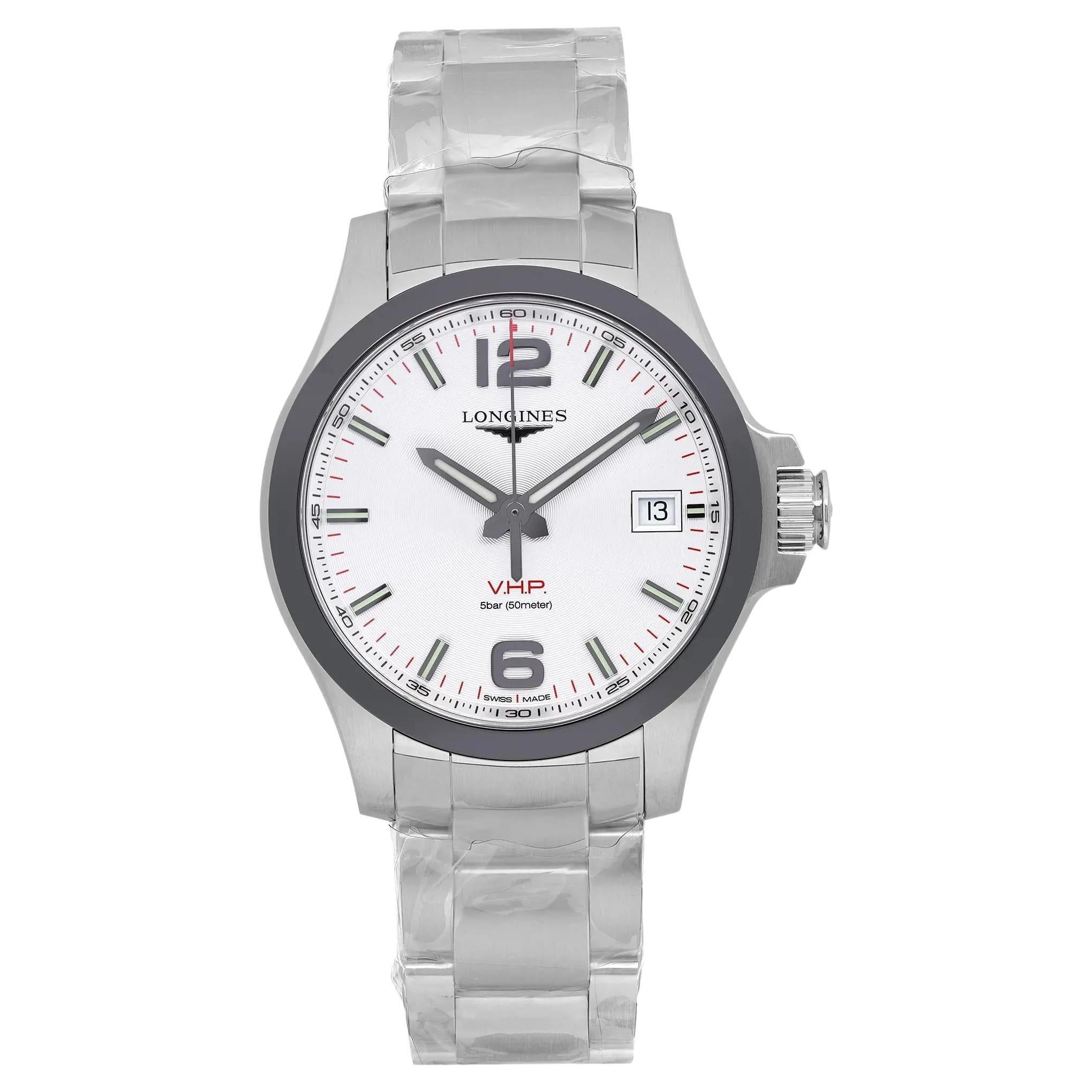 Longines Conquest V.H.P. 41mm Steel Ceramic Silver Dial Mens Watch L3.719.4.76.6 For Sale