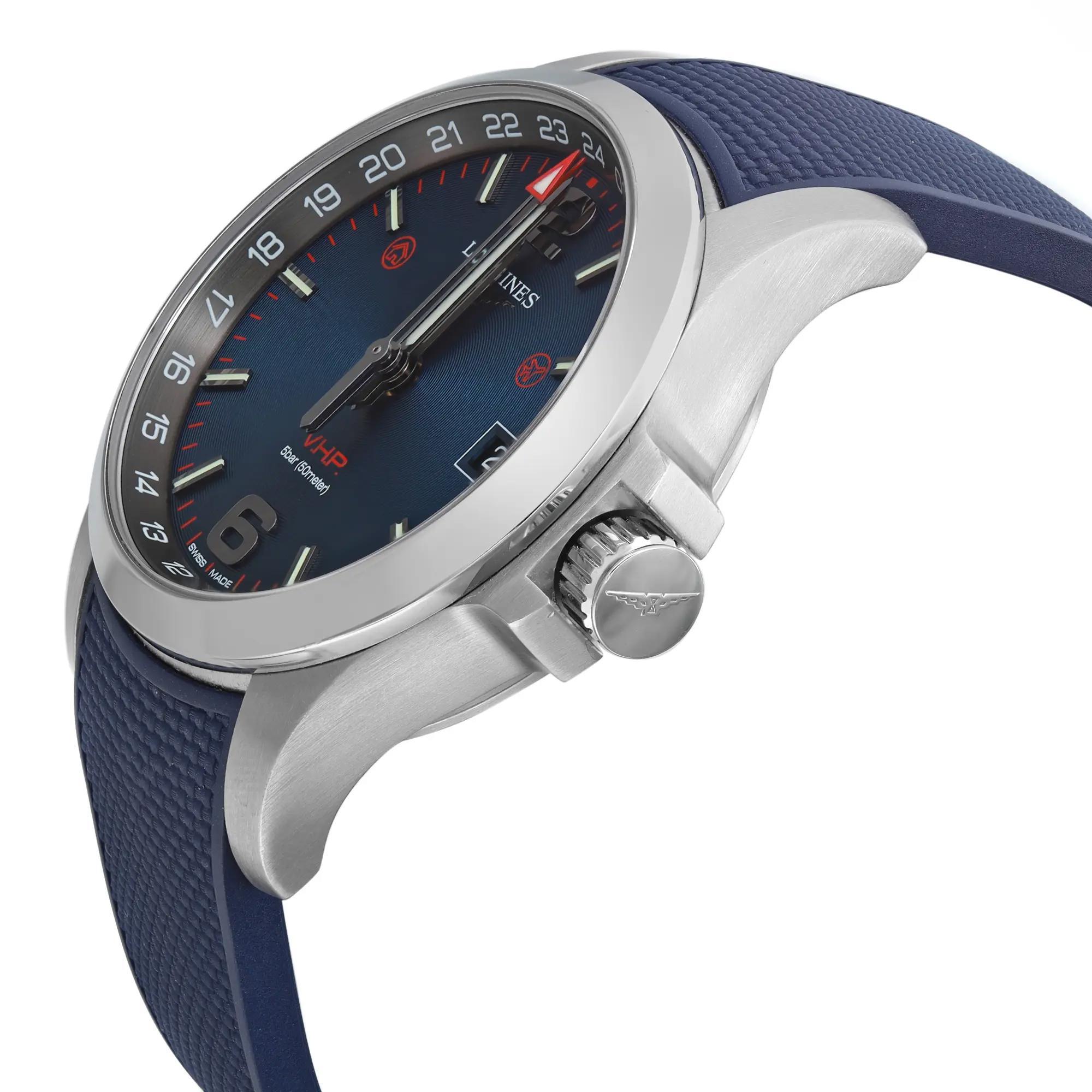 Longines Conquest V.H.P. GMT 41mm Steel Blue Dial Quartz Men Watch L3.718.4.96.9 In Excellent Condition In New York, NY