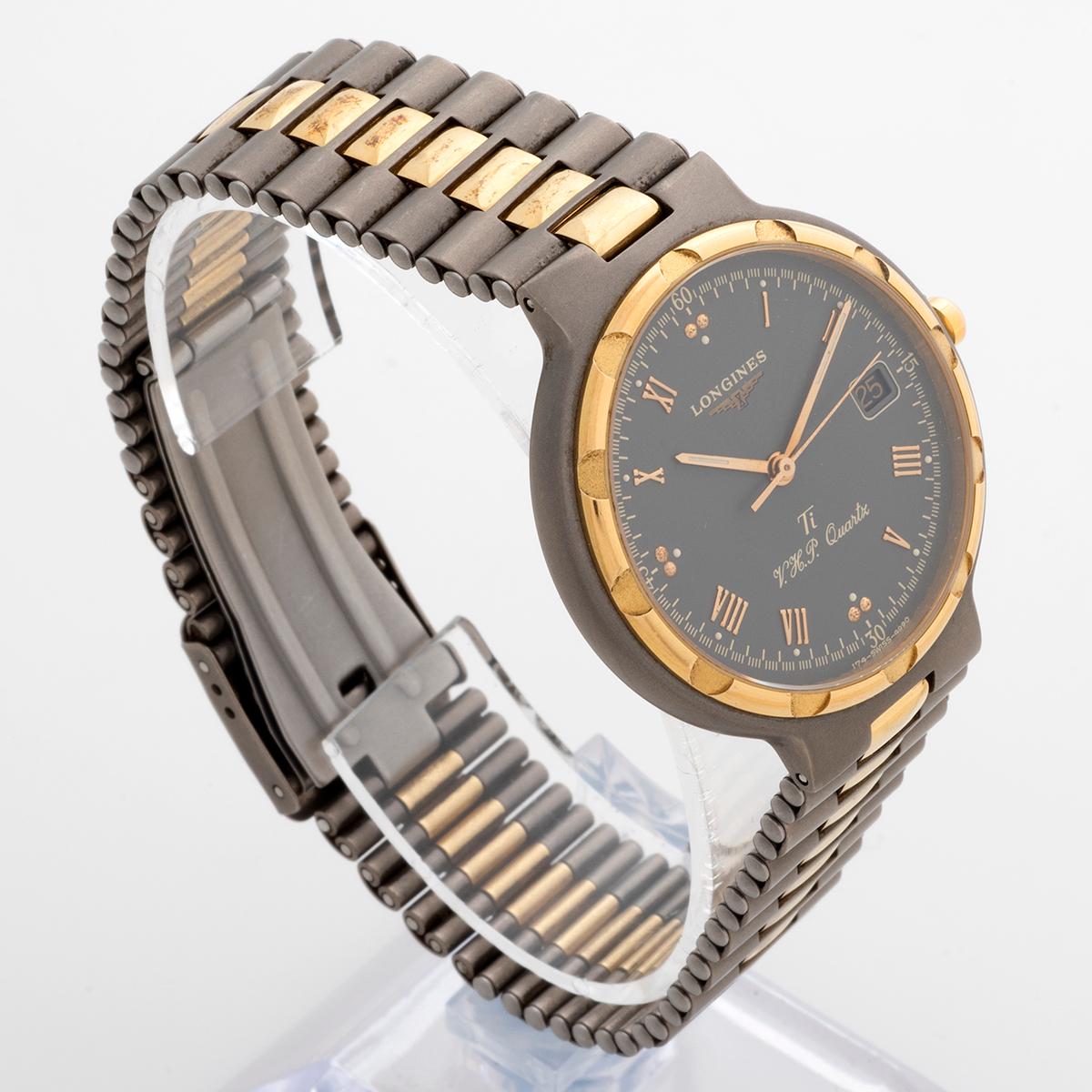 Our rare and iconic Longines Conquest VHP (very high precision) TI, reference 21470.91 features a titanium and yellow metal (18ct) 34mm case and titanium bracelet. The largest size available, originally intended for gents, this example is presented