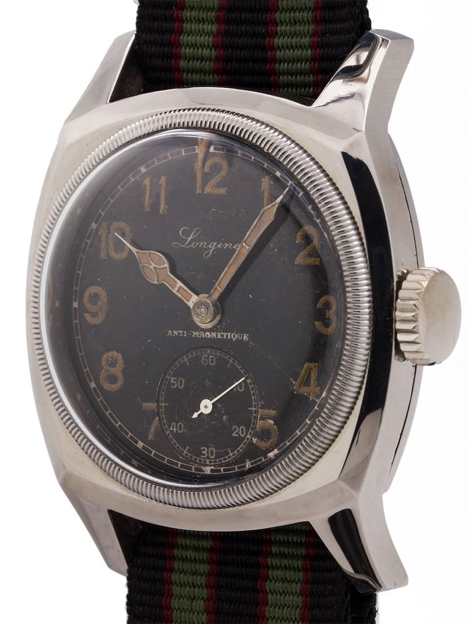 Longines Stainless Steel Czech Military Manual Wind Wristwatch, circa 1940s In Excellent Condition In West Hollywood, CA