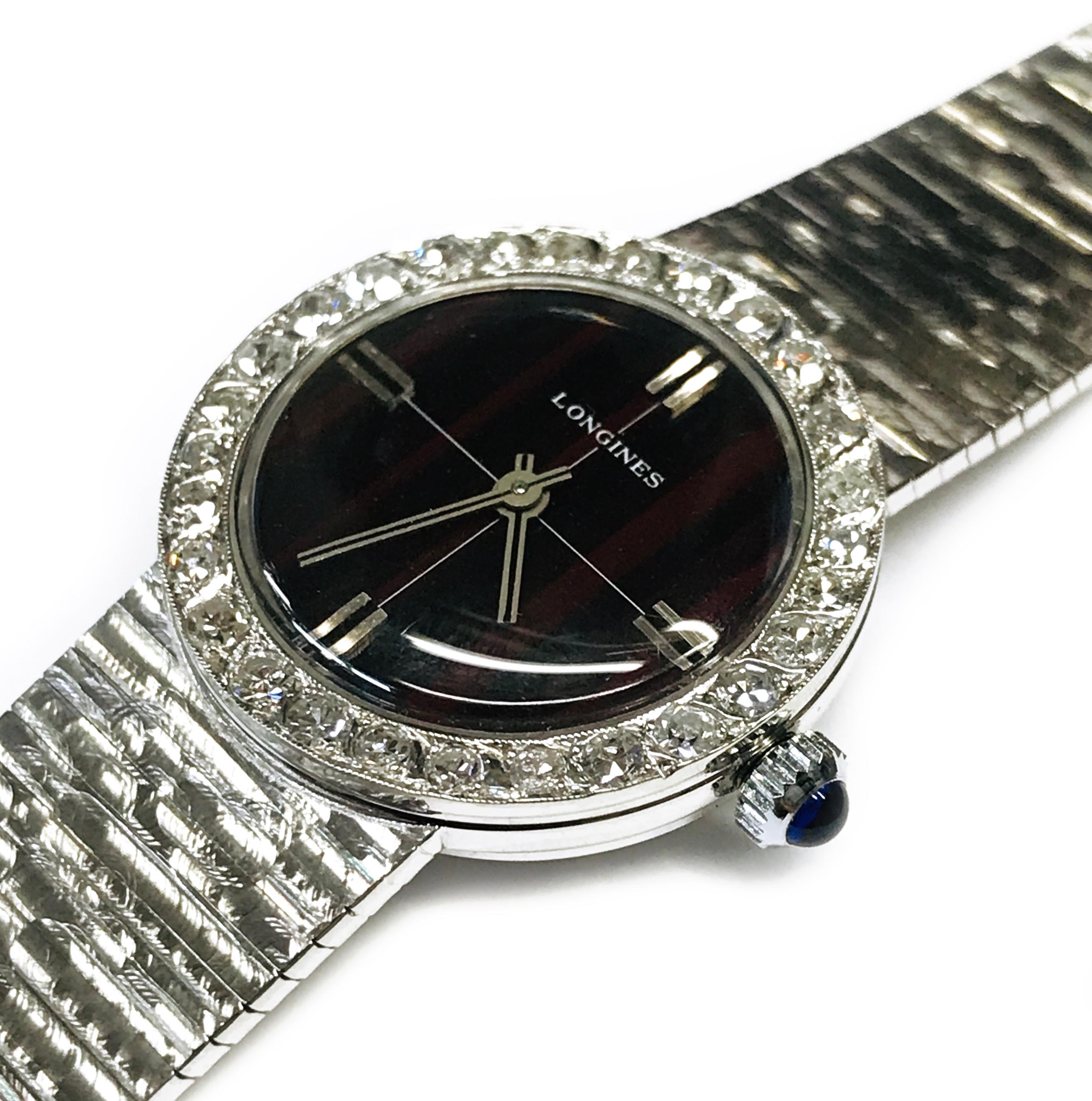 Round Cut Longines Ladies White Gold Diamond Wristwatch, 1955