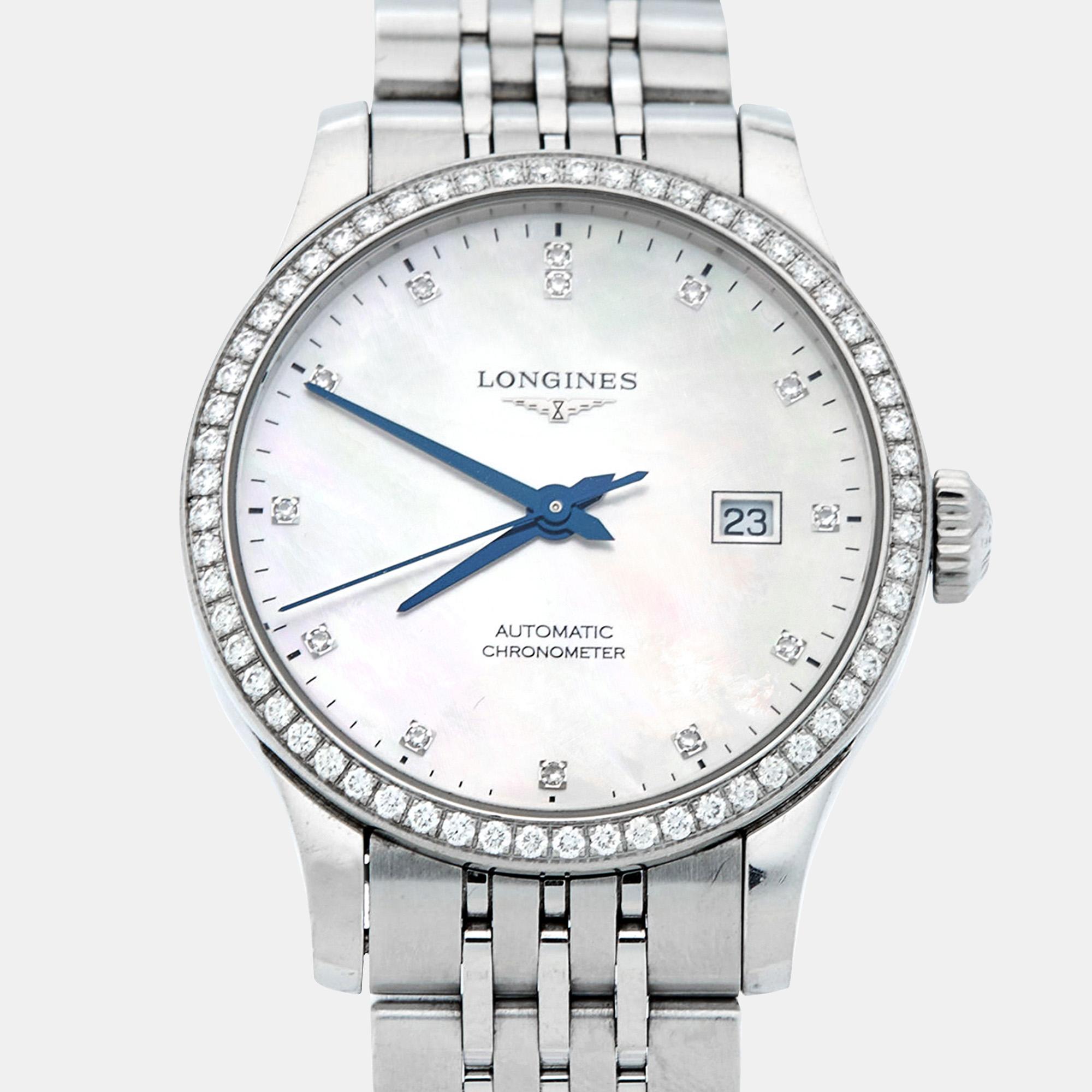 Longines Diamond Stainless Steel Record L23210876 Women's Wristwatch In Good Condition For Sale In Dubai, Al Qouz 2