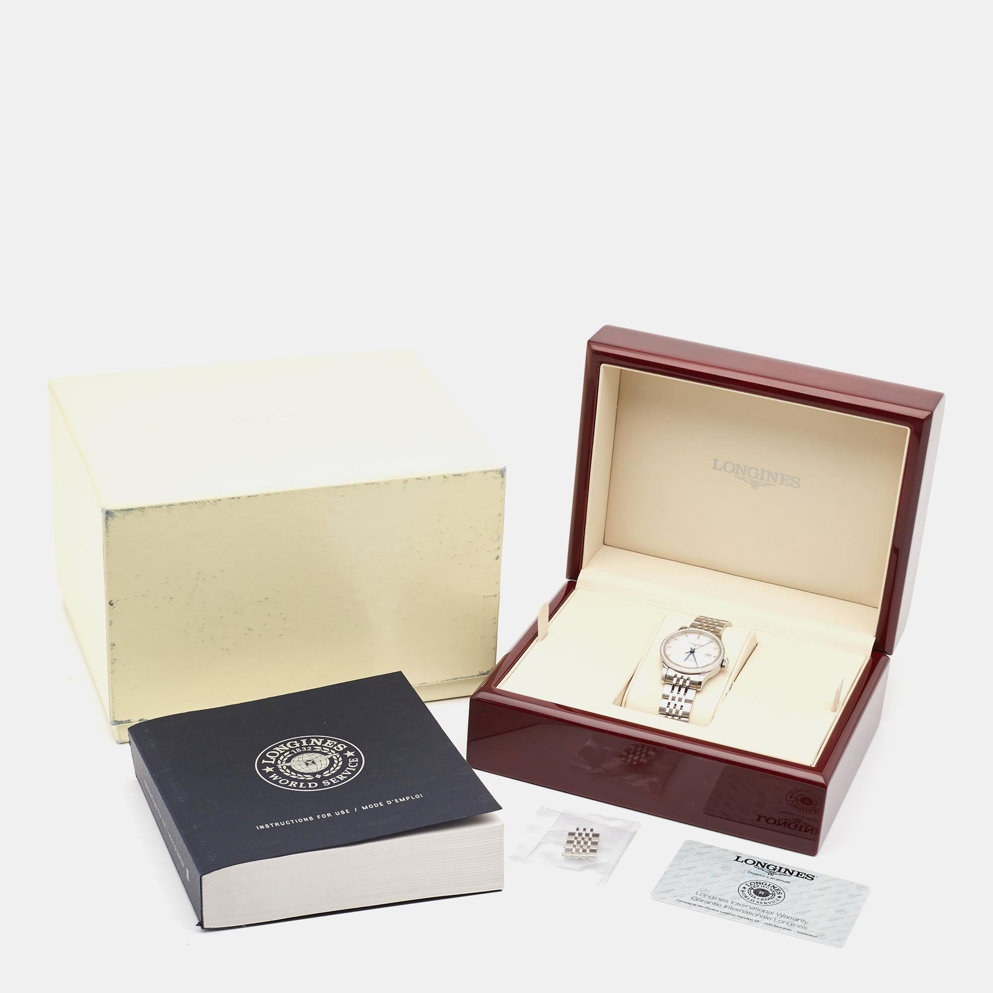 Longines Damenarmbanduhr aus Edelstahl mit Diamanten L23210876 im Angebot 3