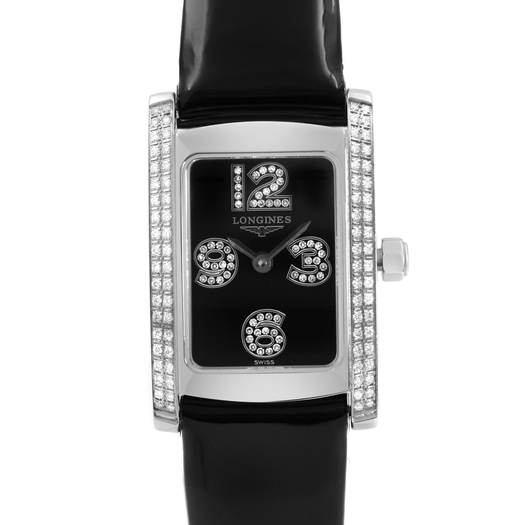 Display Model Longines Dolce Vita Steal Diamonds Black Dial Quartz Ladies Watch L5.155.0.51.2. The Watch Has Minor Blemishes on the Case Back and Band Due to Store Handling. This Beautiful Timepiece is Powered by Quartz (Battery) Movement And