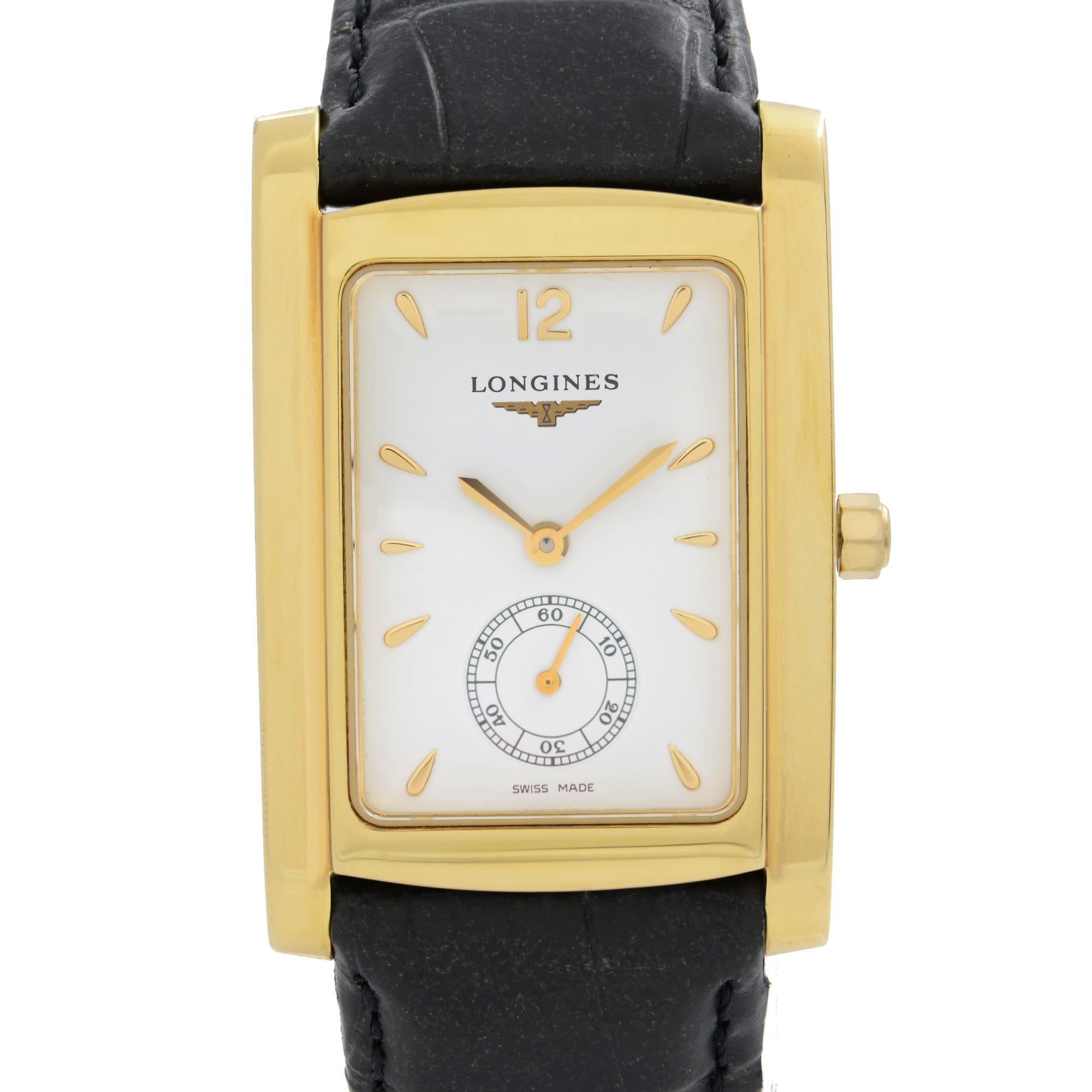 Store Display Model minor blemish on the inner side of the band..Longines DolceVita 18k Gold White Dial Leather Strap Quartz Men's Watch L56556160. This Beautiful Timepiece is Powered by a Quartz (Battery) Movement And Features: Rectangular 18k Gold