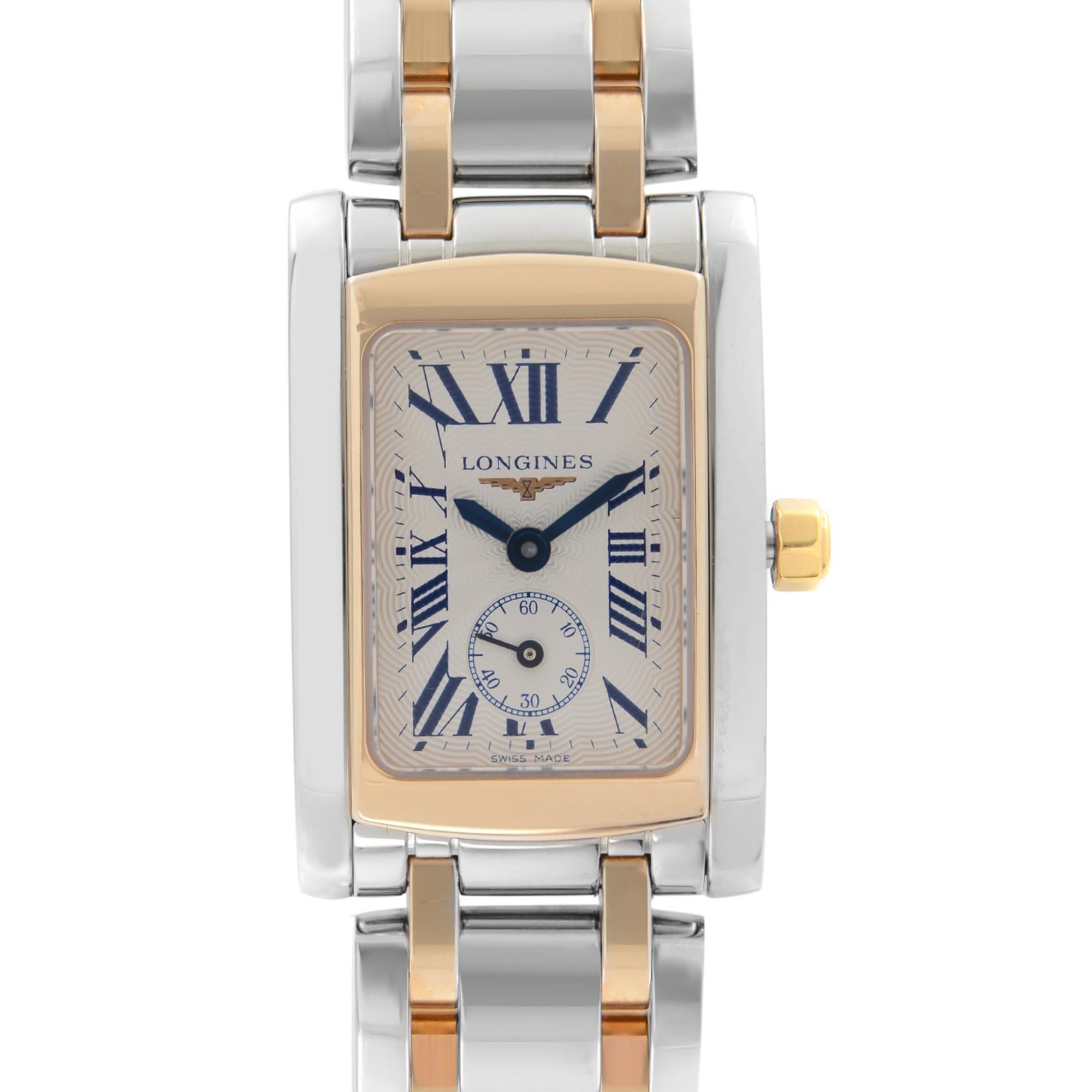 Store Display Model have minor Blemishes on gold tone parts. Longines DolceVita 20 Stainless Steel Rose Gold White Dial Ladies Quartz Watch L5.155.5.71.7. This Beautiful Timepiece Features: Stainless Steel Case with a Rose Gold & Stainless Steel