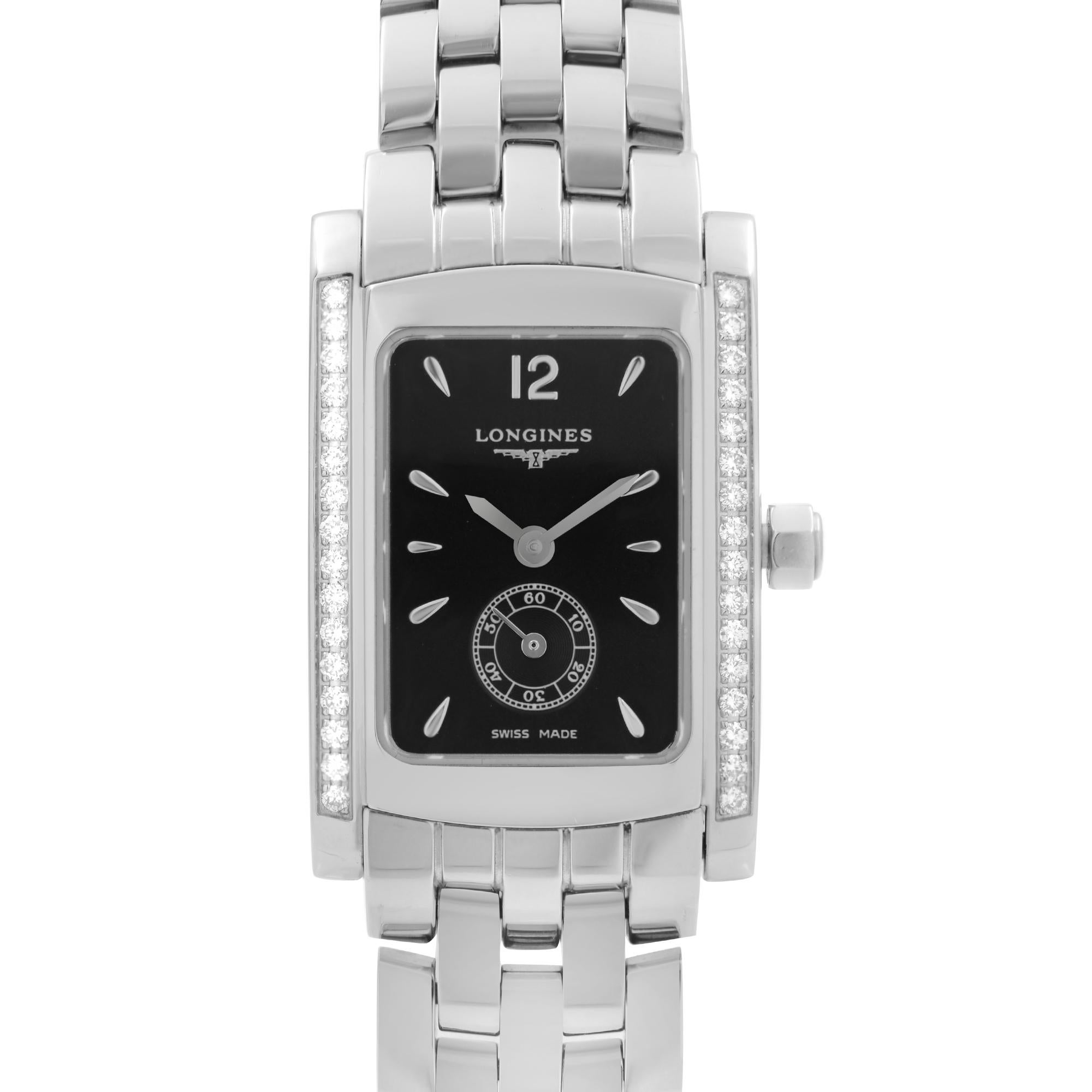 Display Model Longines Dolce Vita Stainless Steel Diamond Black Dial Quartz Ladies Watch L5.155.0.76.6. This Beautiful Timepiece is Powered by Quartz (Battery) Movement And Features: Rectangular ​Stainless Steel Case Set with Diamonds with a