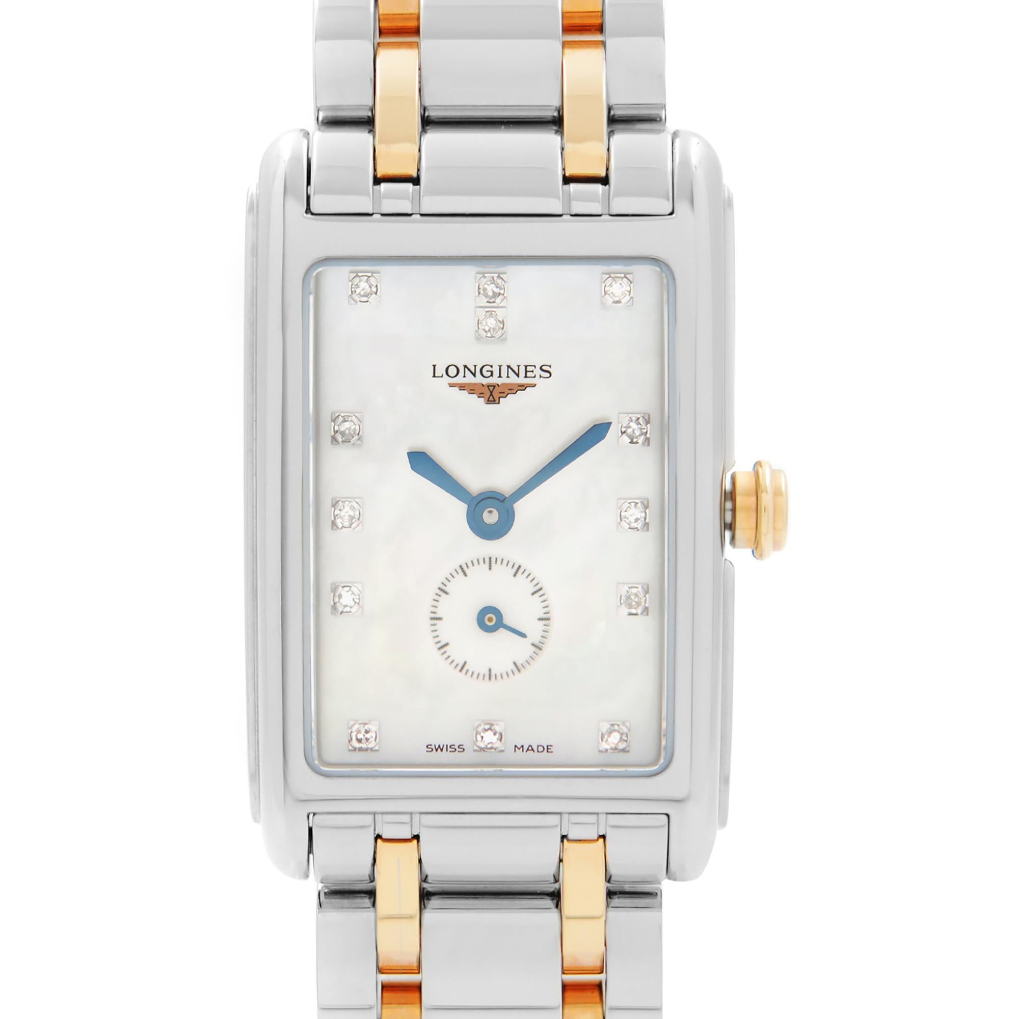 Unworn Longines DolceVita Two-Tone Steel MOP Diamond Dial Quartz Ladies Watch L5.255.5.87.7. This Beautiful Timepiece is Powered by a Quartz (Battery) Movement And Features: Rectangular Stainless Steel Case with a Two-Tone Stainless Steel Bracelet,