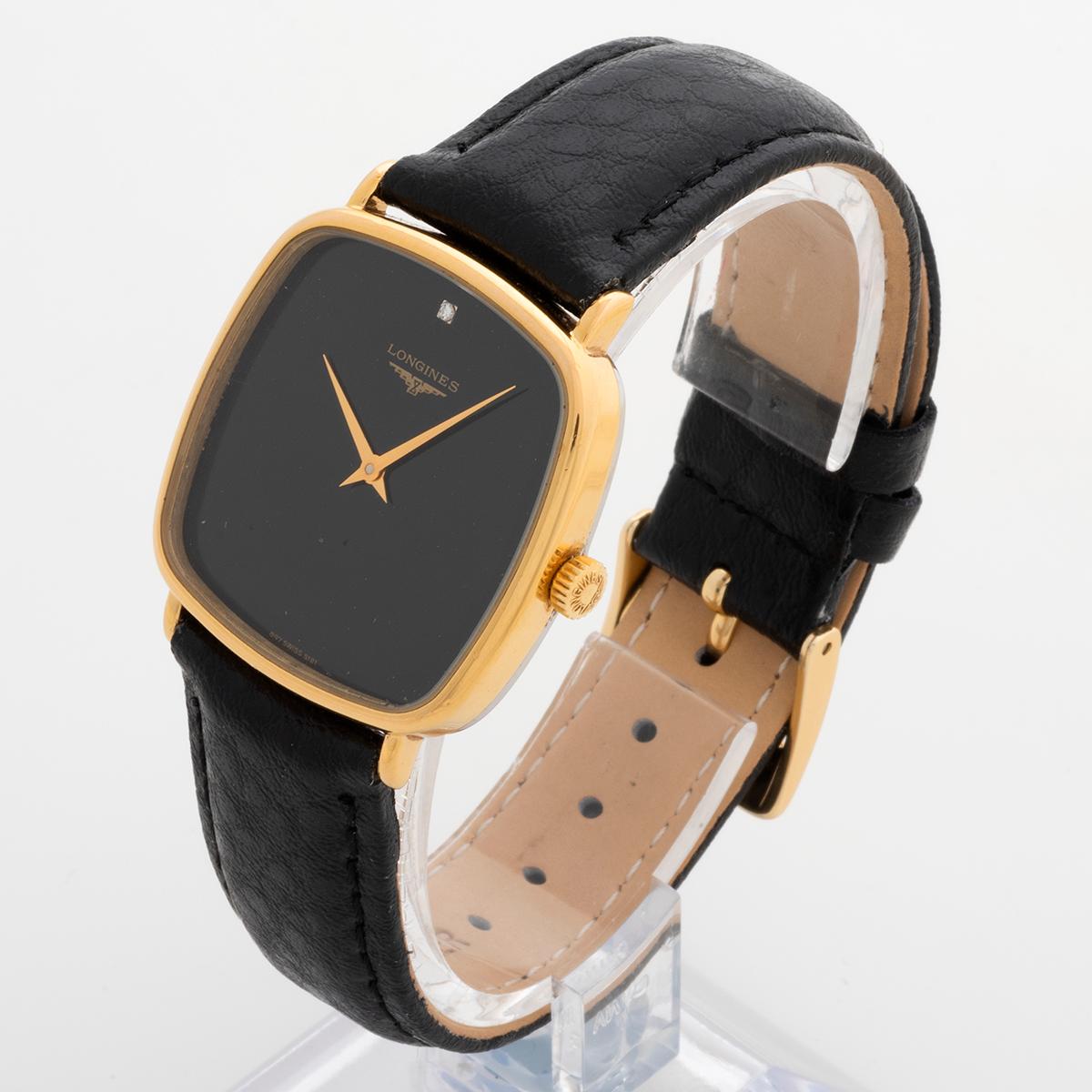 Longines Dress Watch, Manual Wind, Black Gloss Dial, Single Diamond. c 1980. In Excellent Condition In Canterbury, England