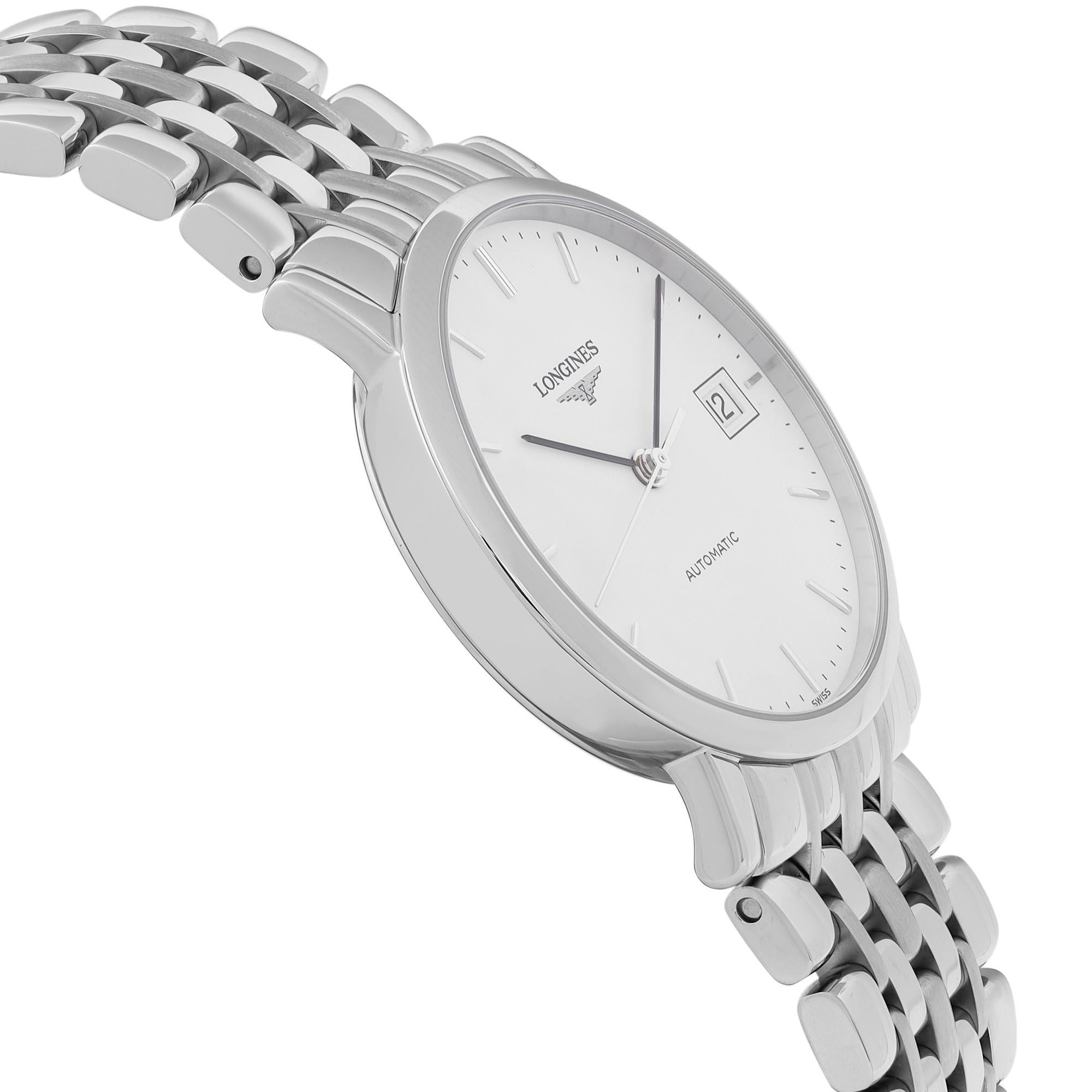 Longines Elegant Stainless Steel White Dial Automatic Ladies Watch L4.809.4.12.6 In Excellent Condition In New York, NY