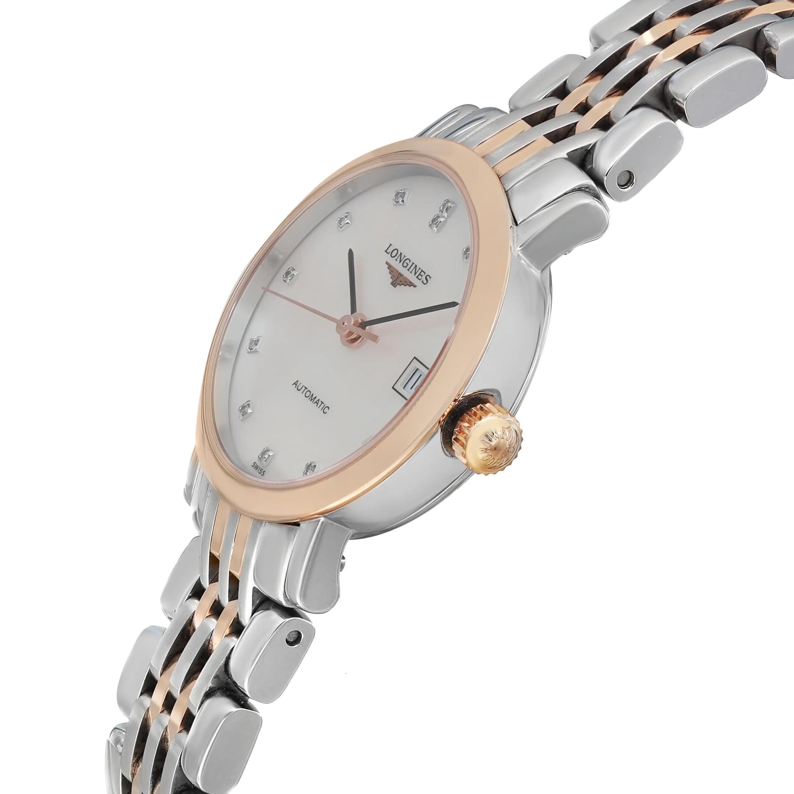 Longines Elegant Two-Tone Steel MOP Diamond Dial Ladies Watch L4.309.5.87.7 In Excellent Condition In New York, NY