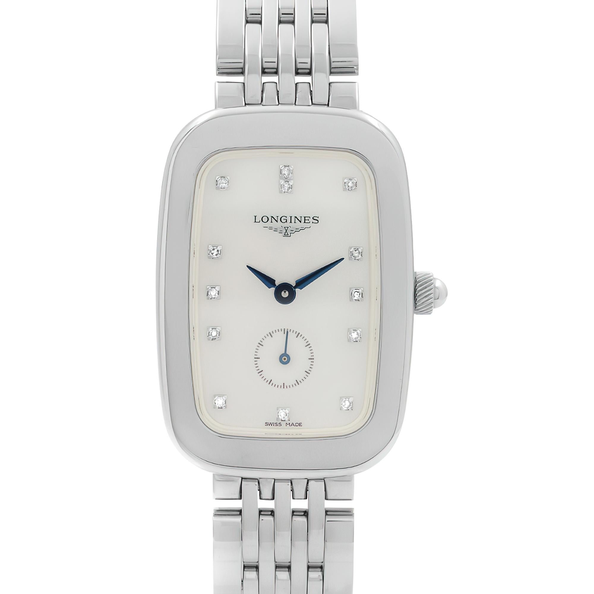 Display Model Longines Equestrian Stainless Steel White Mother of Pearl Dial Quartz Ladies Watch L6.142.4.87.6. This Beautiful Timepiece is Powered by Quartz (Battery) Movement And Features: Oval Stainless Steel Case & Bracelet, Fixed Stainless
