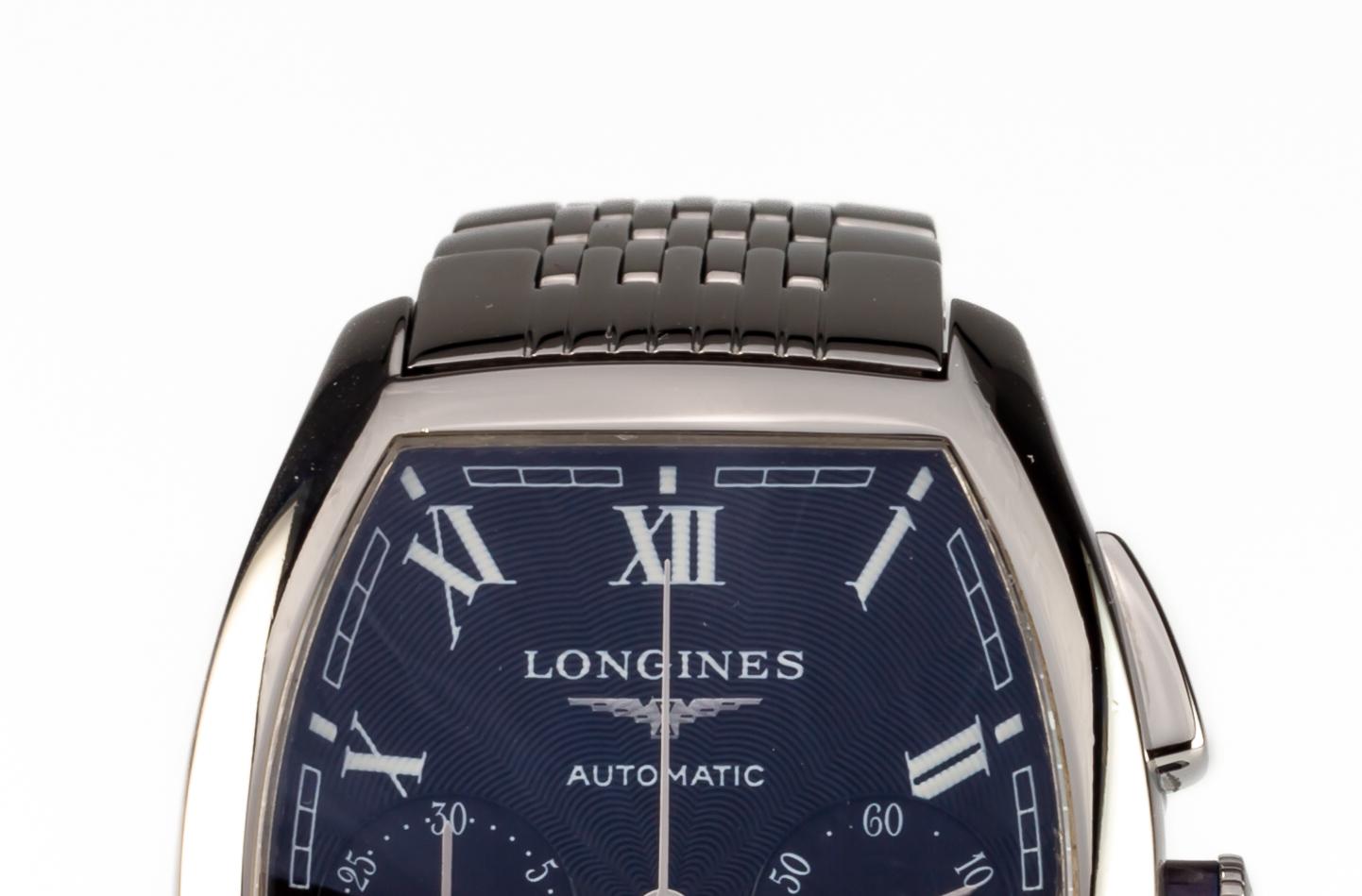 Longines Evidenza Men's Automatic Chronograph Watch w/ Box and Papers L2.643.4

Model: Evidenza
Model #L2.643.4
Serial #31331369

Stainless Steel Tonneau Shaped Case
34 mm Wide (36 mm w/ Crown)
39 mm Long
Lug-to-Lug Distance = 42 mm
Lug-to-Lug Width
