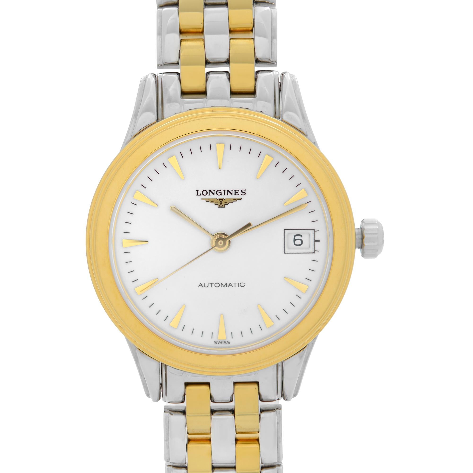 Display Model Longines Flagship L4.274.3.22.7. This Beautiful Timepiece Features: Stainless Steel Case with a Two-Tone Stainless Steel Bracelet. Fixed Yellow Gold-Plated Bezel. White Dial with Gold-Tone Hands & Index Hour Markers. Minute Markers