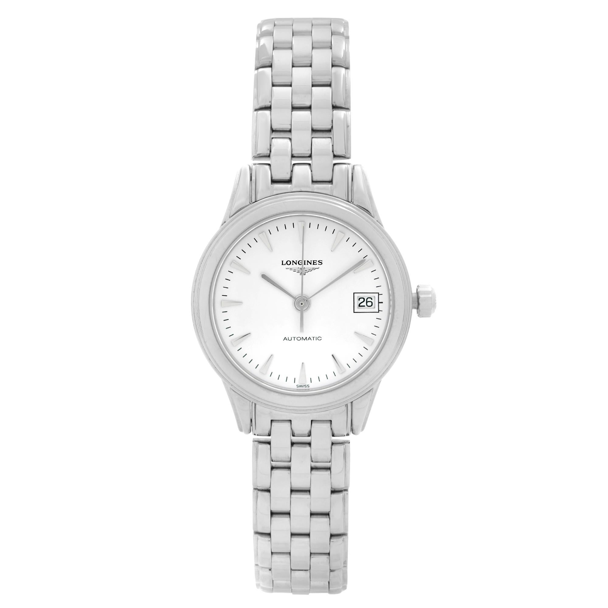 Display Model Longines Flagship 26mm Date Stainless Steel White Dial Ladies Automatic Watch L4.274.4.12.6. This Beautiful Timepiece is Powered by Mechanical (Automatic) Movement And Features: Round Stainless Steel Case & Bracelet Fixed Stainless