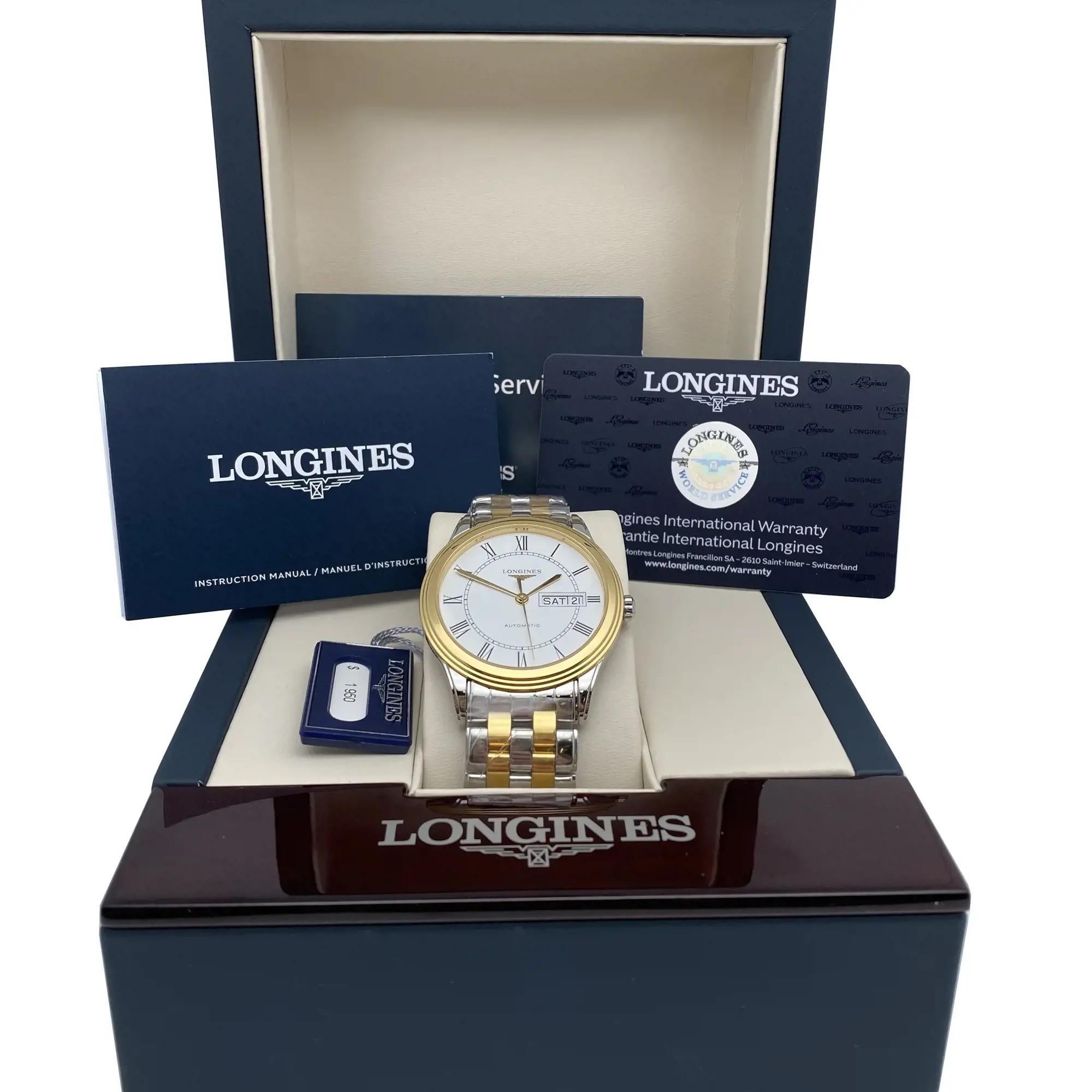 Longines Flagship 38.5mm Day-Date Steel White Dial Automatic Watch L4.899.3.21.7 In New Condition For Sale In New York, NY
