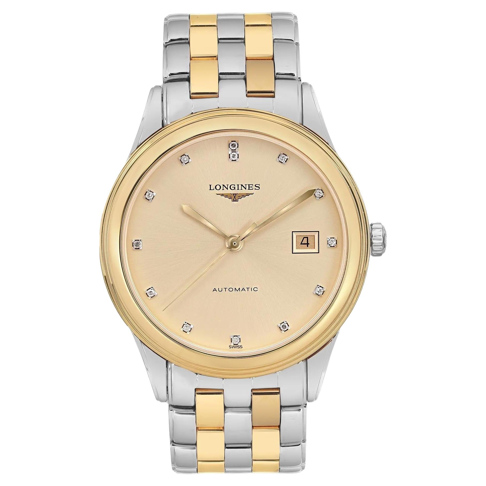 Longines Flagship 38.5mm Steel Champagne Diamond Dial Mens Watch L4.974.3.37.7 For Sale