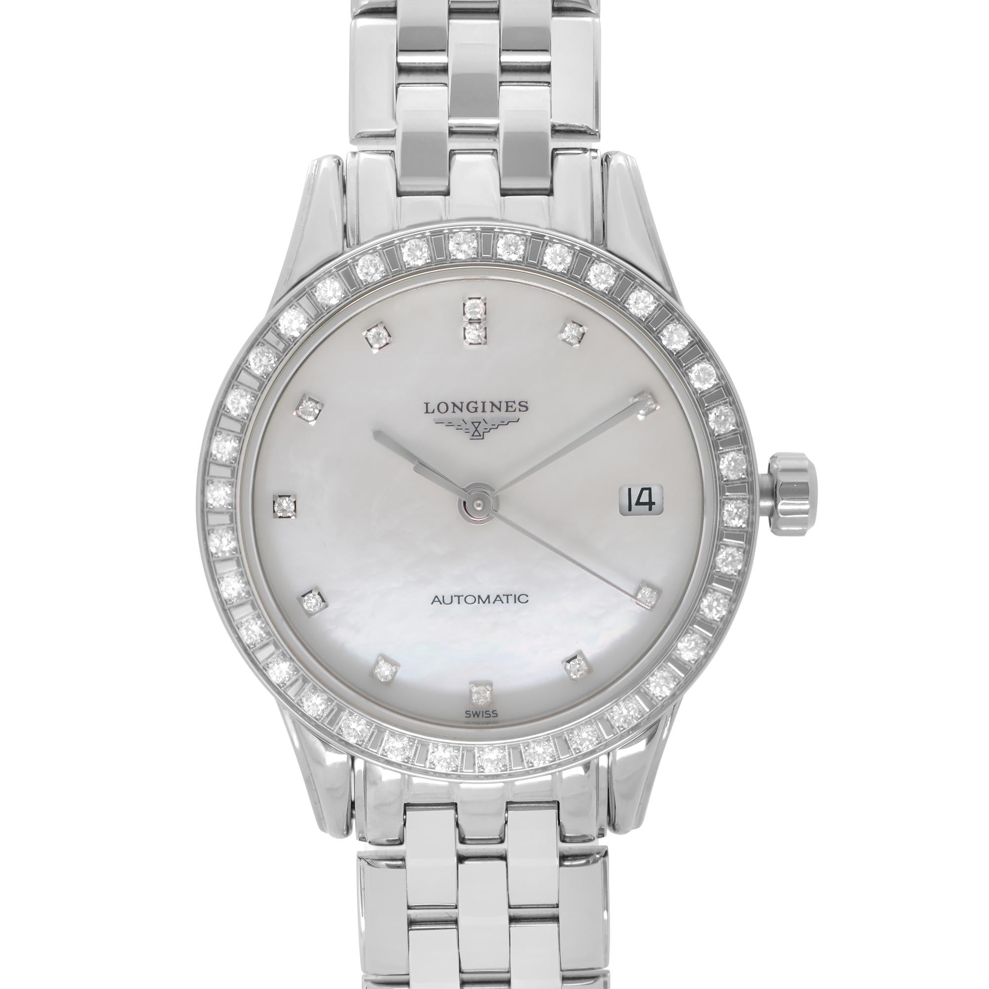 Display Model Longines Flagship Stainless Steel Mother of Pearl Dial Automatic Ladies Watch L4.274.0.87.6 This Beautiful Timepiece is Powered by Mechanical (Automatic) Movement And Features: Round Stainless Steel Case & Bracelet Fixed Stainless