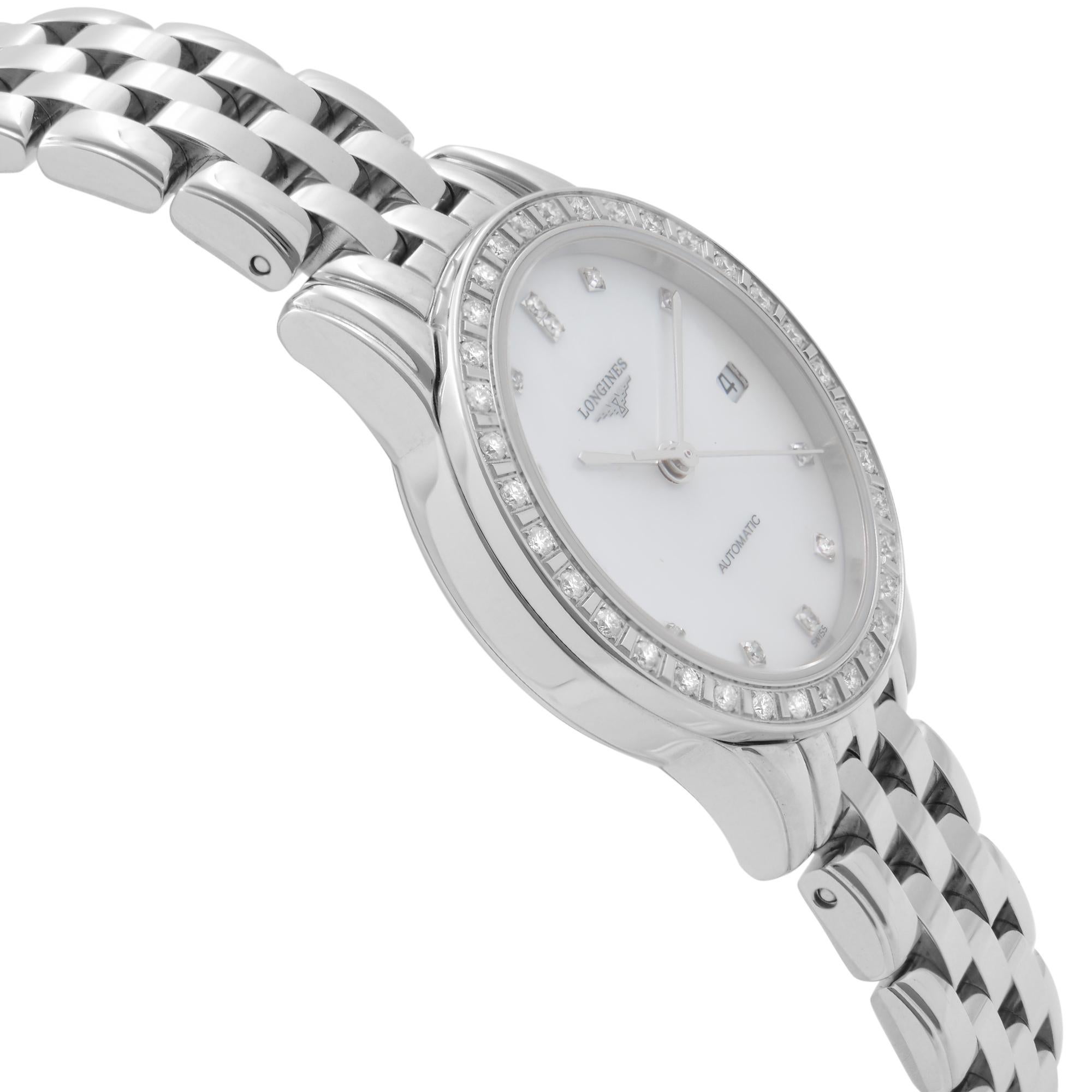 Longines Flagship Date Steel Diamond MOP Dial Automatic Ladies Watch L42740876 In Excellent Condition In New York, NY