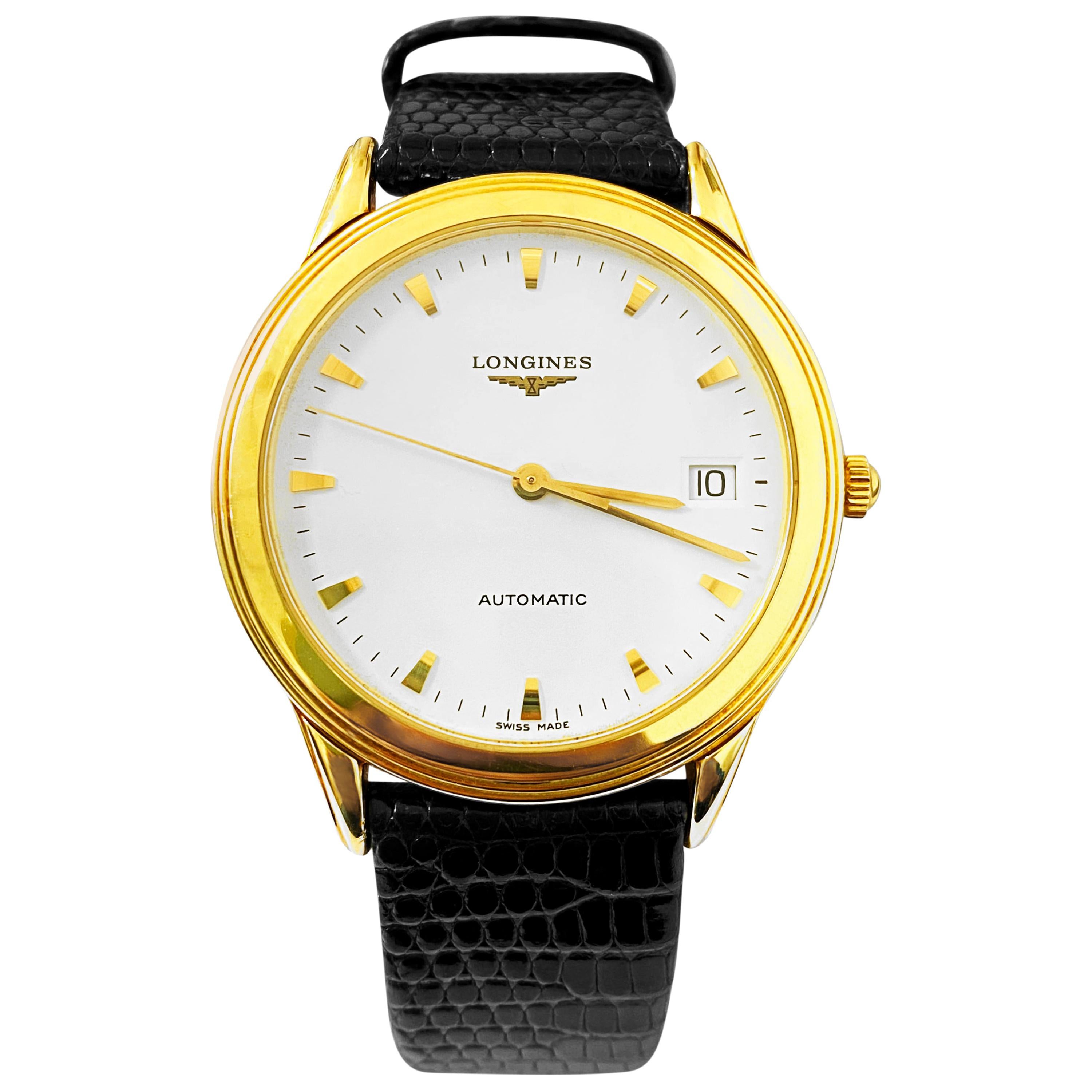 Longines Flagship Men's Automatic Watch 18 Karat Yellow Gold Case For Sale