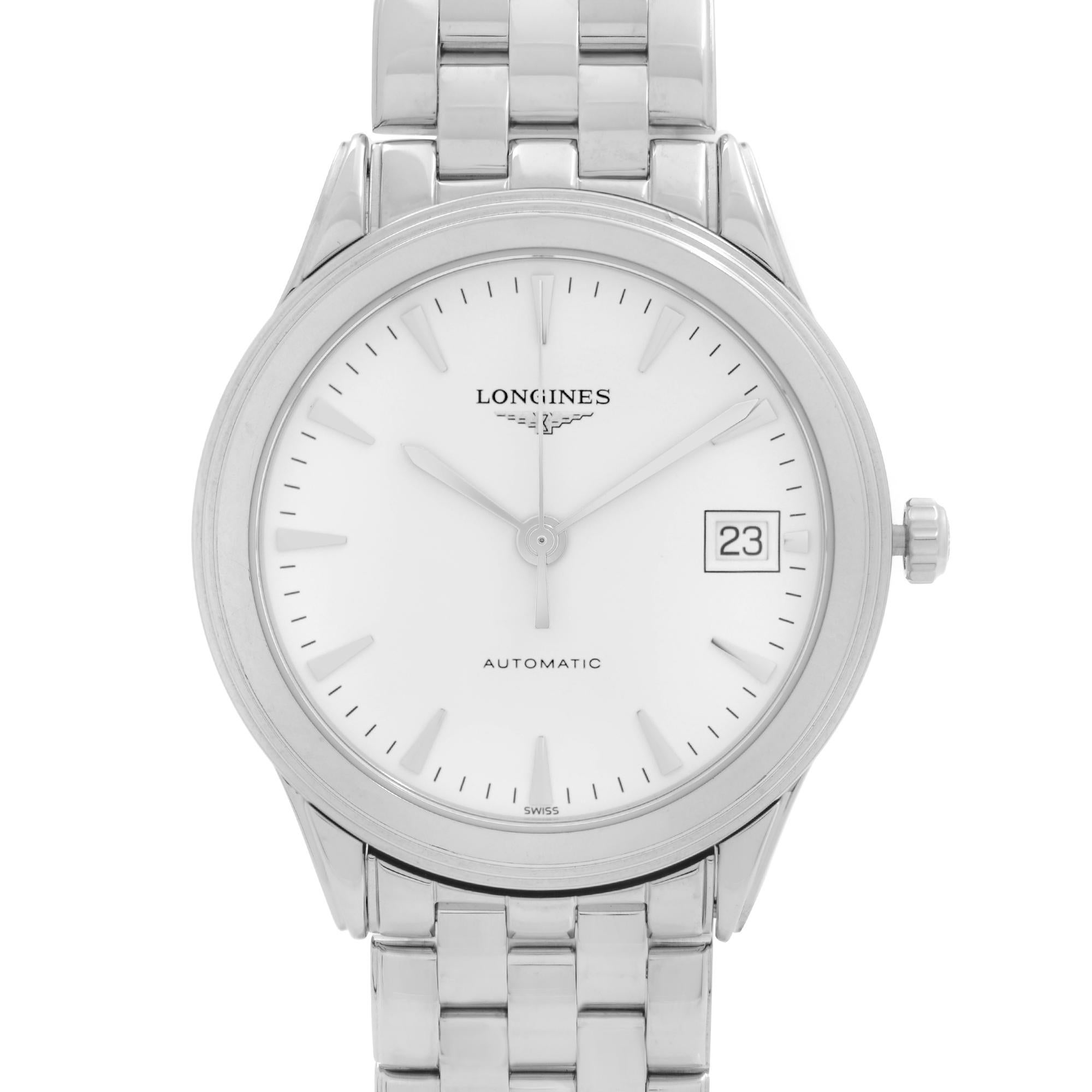 Display Model Longines Flagship Stainless Steel White Dial Automatic Mens Watch L4.774.4.12.6. This Beautiful Timepiece is Powered by Mechanical (Automatic) Movement And Features: Round Stainless Steel Case & Bracelet, Fixed Stainless Steel Bezel.
