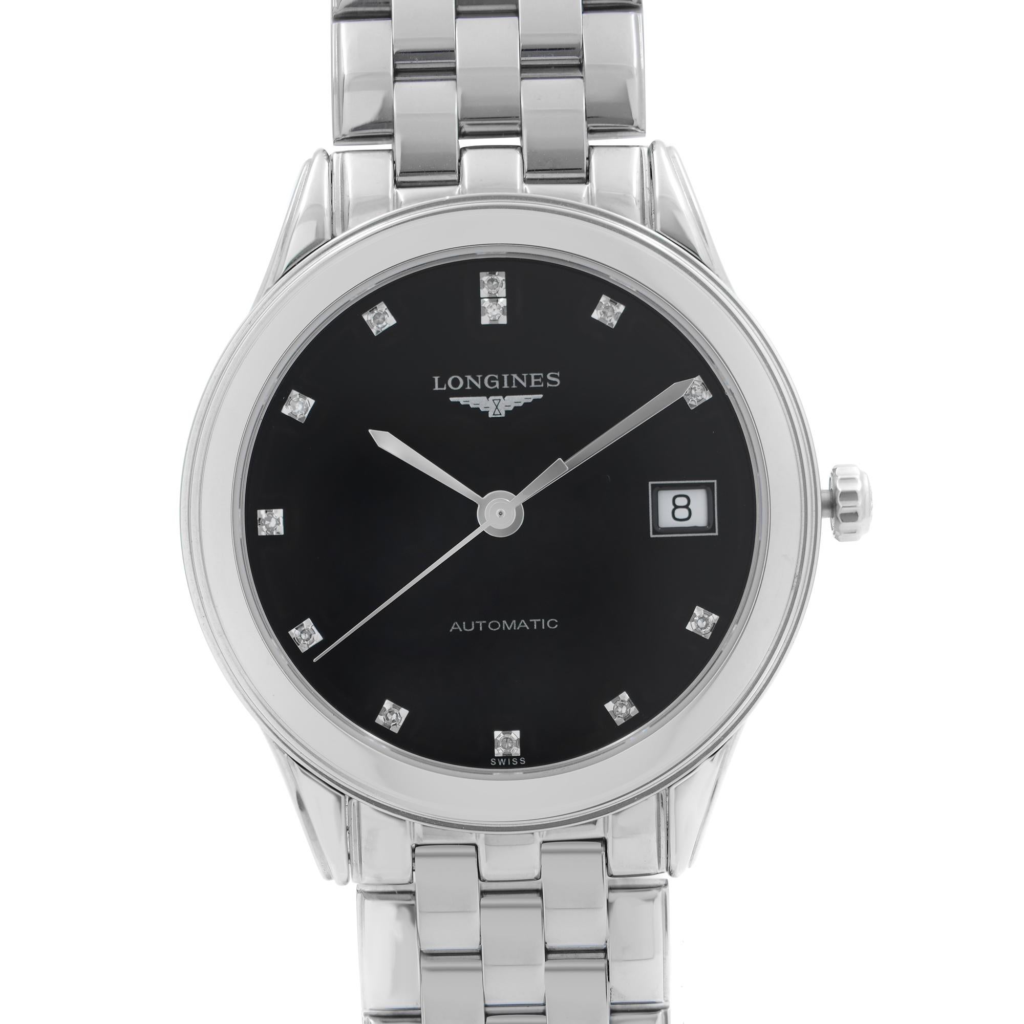 Display Model Longines Flagship Stainless Steel Black Diamond Dial Automatic Mens Watch L4.774.4.57.6. This Beautiful Timepiece is Powered by Mechanical (Automatic) Movement And Features: Round Stainless Steel Case & Bracelet, Fixed Stainless Steel