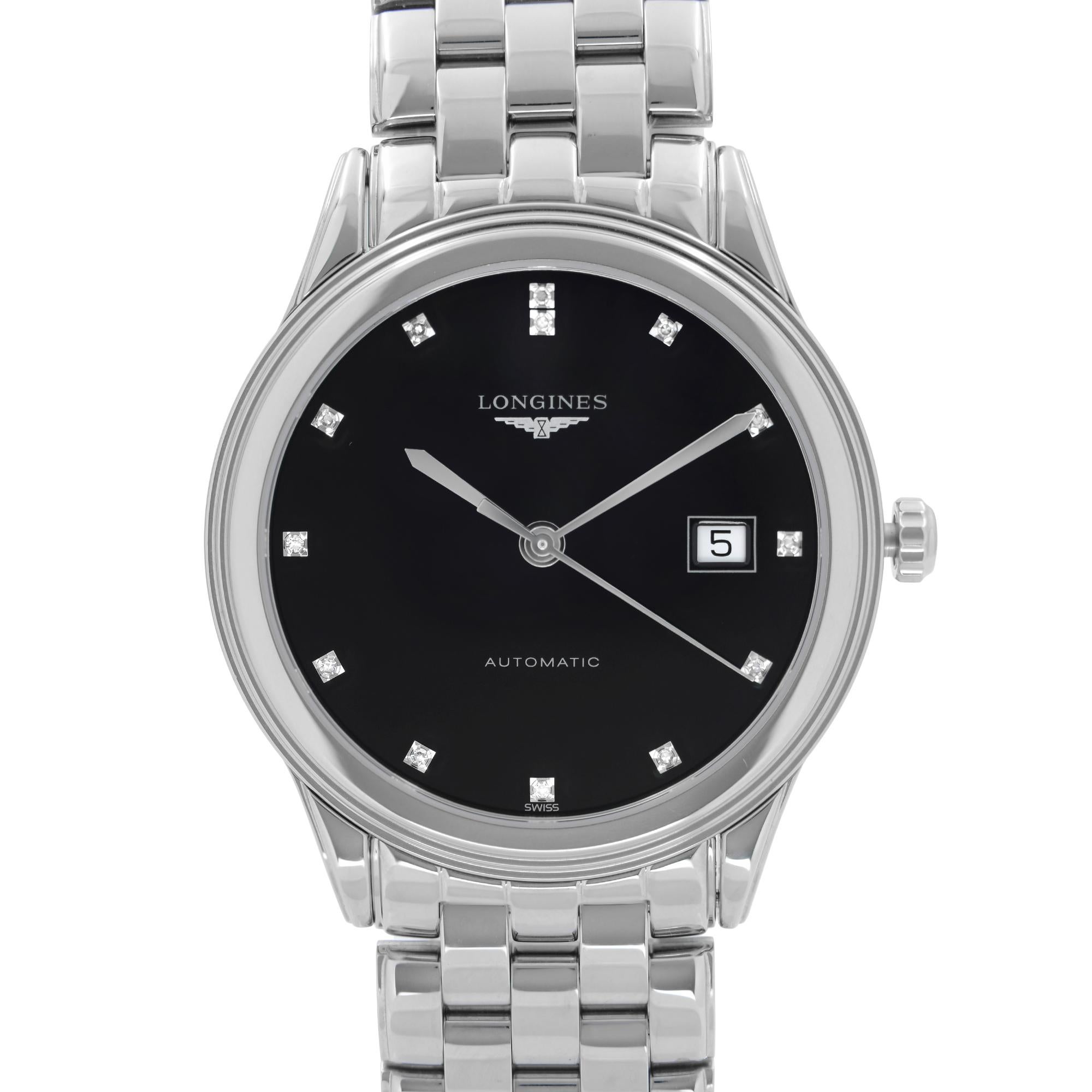 Display Model Longines Flagship Stainless  Steel Black Diamond Dial Automatic Mens Watch L4.874.4.57.6. This Beautiful Timepiece is Powered by Mechanical (Automatic) Movement And Features: Round Stainless Steel Case with a Stainless Steel Bracelet,