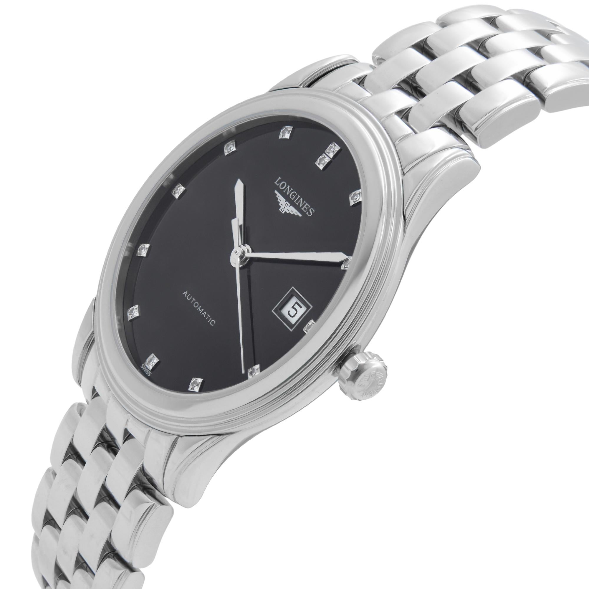 Longines Flagship Steel Black Diamond Dial Automatic Mens Watch L4.874.4.57.6 In New Condition In New York, NY