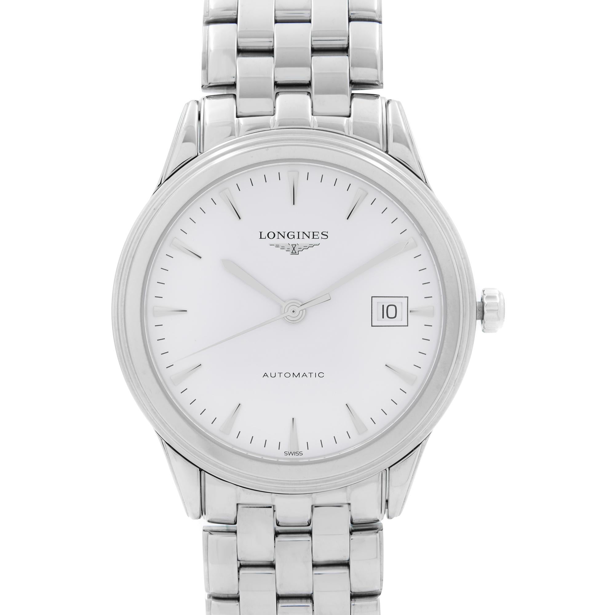 Display Model Longines Flagship Stainless Steel White Dial Automatic Men's Watch L4.874.4.12.6. This Beautiful Timepiece Features: Stainless Steel Case & Bracelet, Fixed Stainless Steel Bezel. White Dial with Silver-Tone Hands and Index Hour