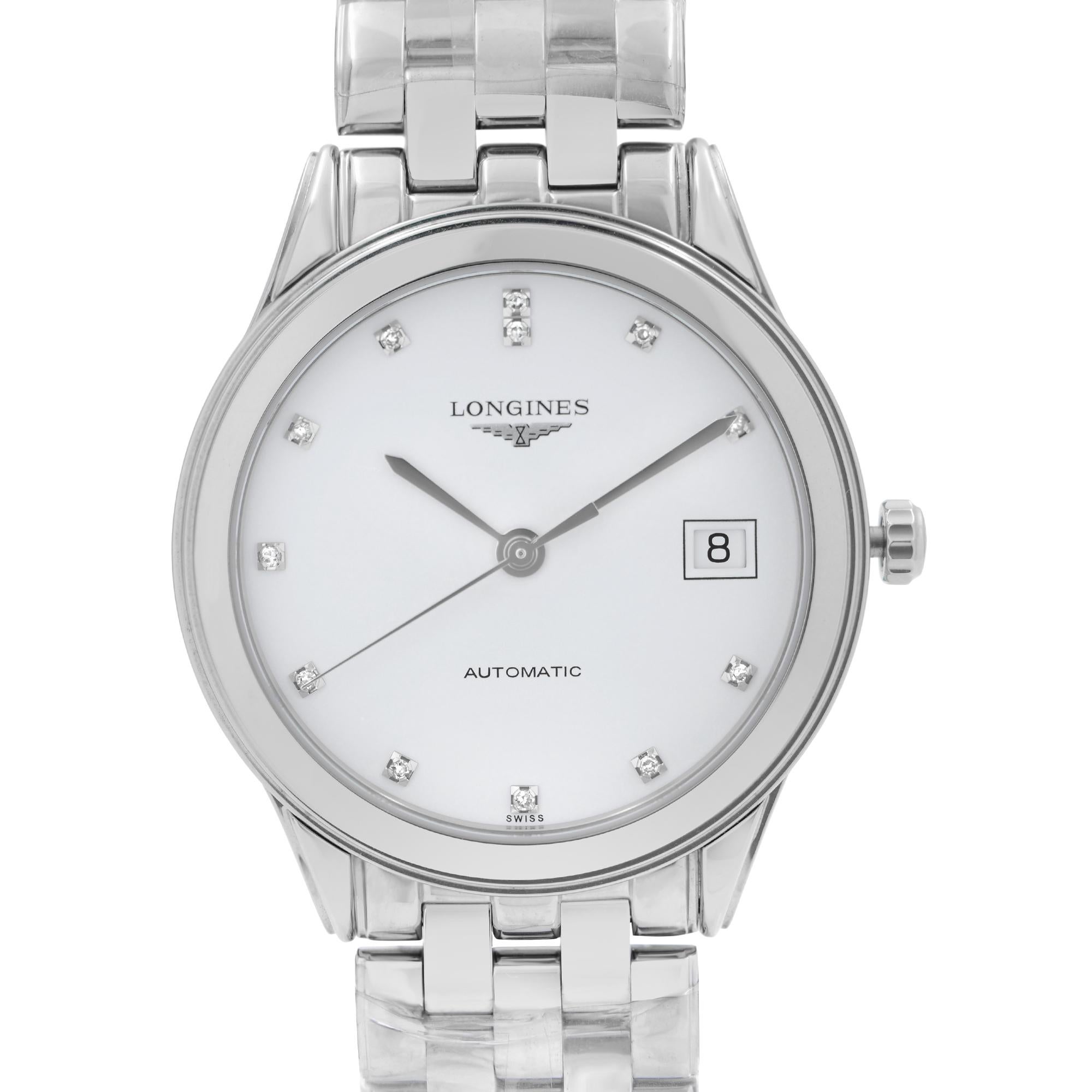 Display ModelLongines Flagship Steel White Diamond Dial Automatic Mens Watch L4.774.4.27.6. This Beautiful Timepiece is Powered by Mechanical (Automatic) Movement And Features: Round Stainless Steel Case with a Stainless Steel Bracelet, Fixed