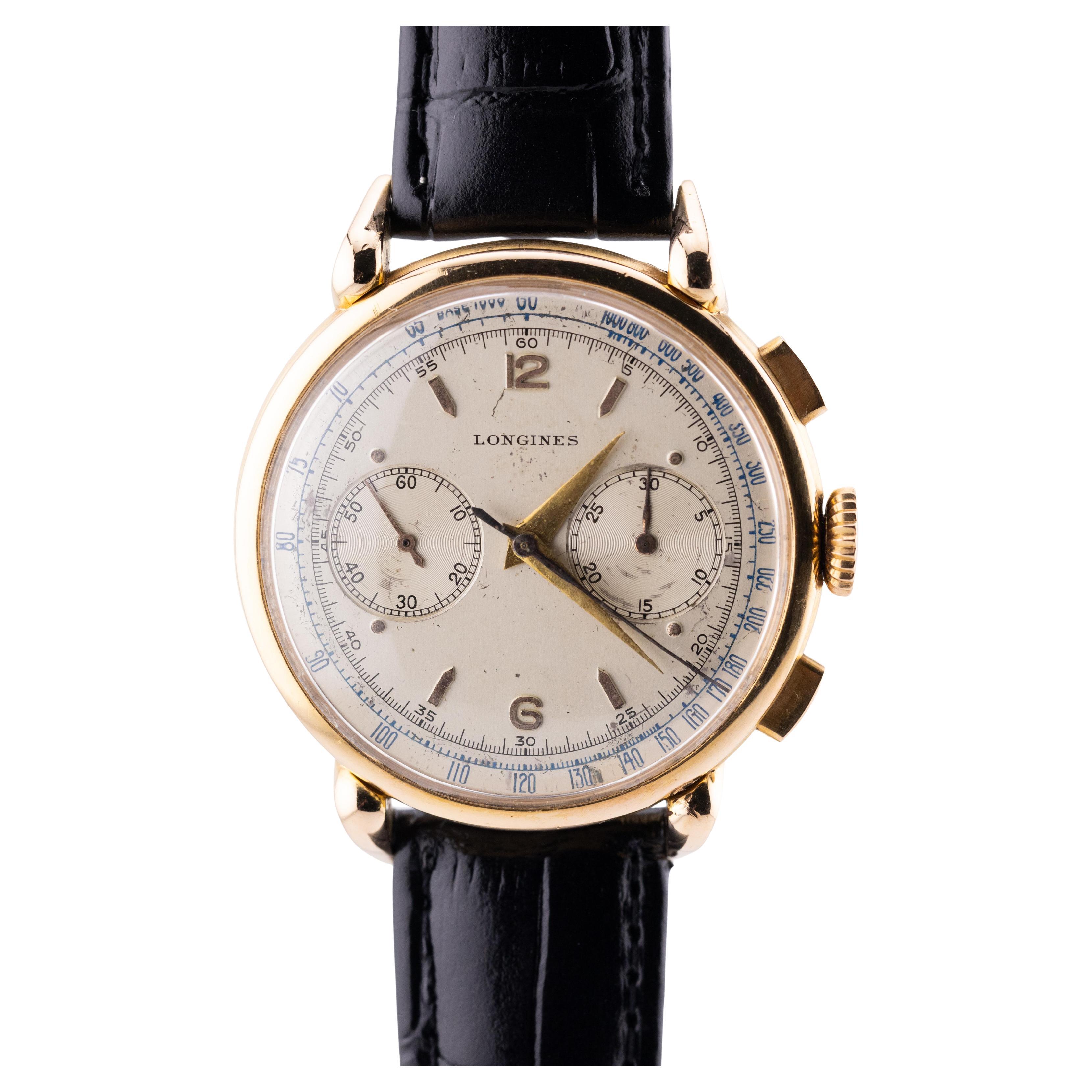 Longines Flyback Chronograph Cal 30CH 18 Karat Rose Gold Circa 1947 Oversize For Sale