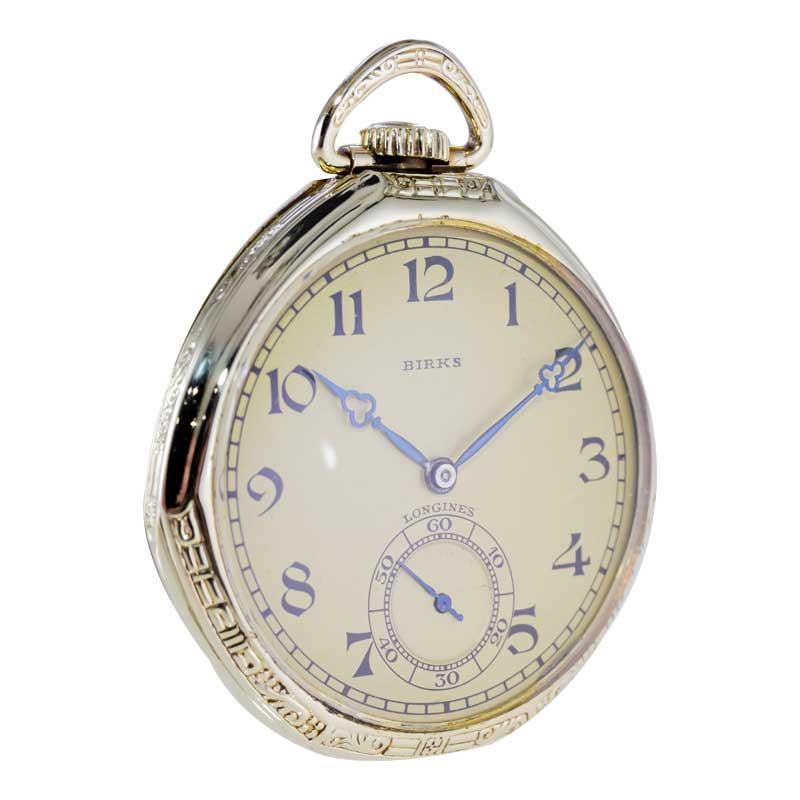 FACTORY / HOUSE: Longines for Birks of Canada
STYLE / REFERENCE: Art Deco Open Faced Pocket Watch
METAL / MATERIAL: Yellow Gold Filled 
CIRCA / YEAR: 1921
DIMENSIONS / SIZE:  Diameter 45mm
MOVEMENT / CALIBER: Manual Winding / 15 Jewels / Caliber