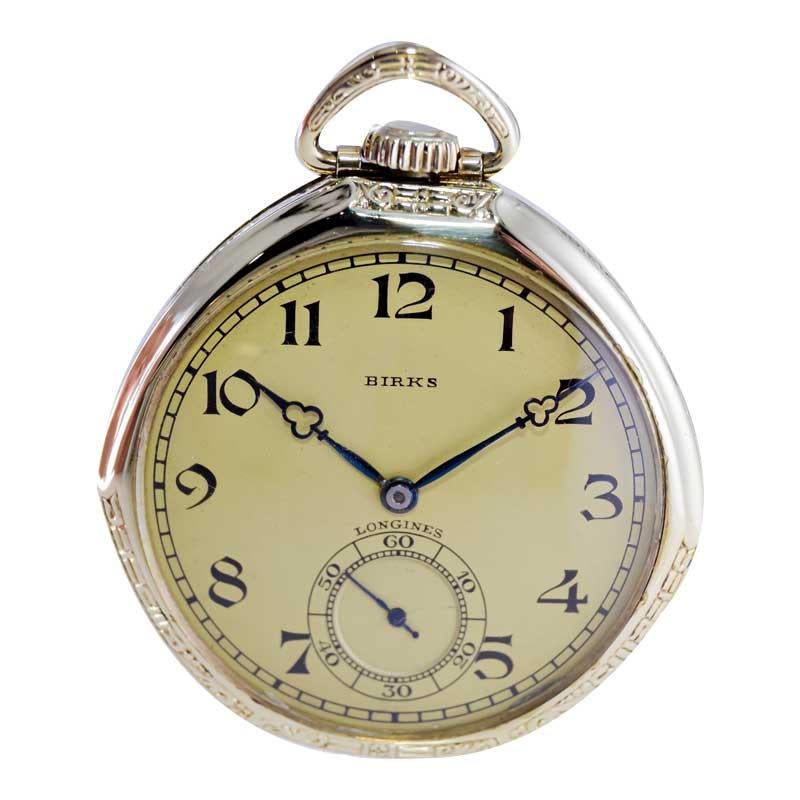Art Deco Longines for Birks Open Faced Pocket Watch with Original Dial, circa 1921 For Sale