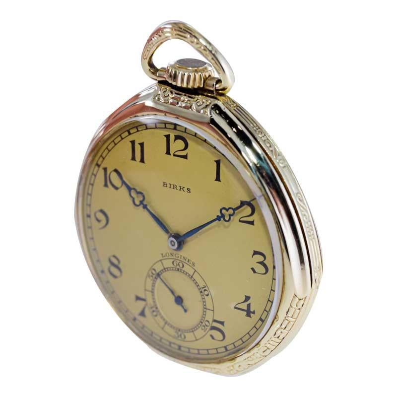 Longines for Birks Open Faced Pocket Watch with Original Dial, circa 1921 In Excellent Condition For Sale In Long Beach, CA
