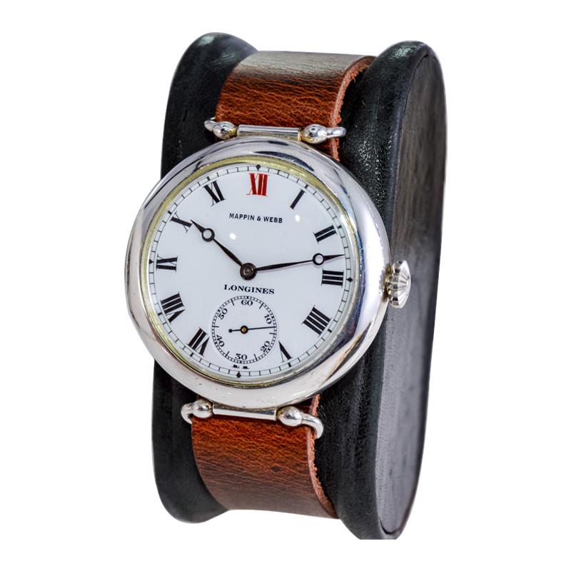 Art Deco Longines for Mappin & Webb Silver Campaign Style with Original Enamel Dial, 1910 For Sale