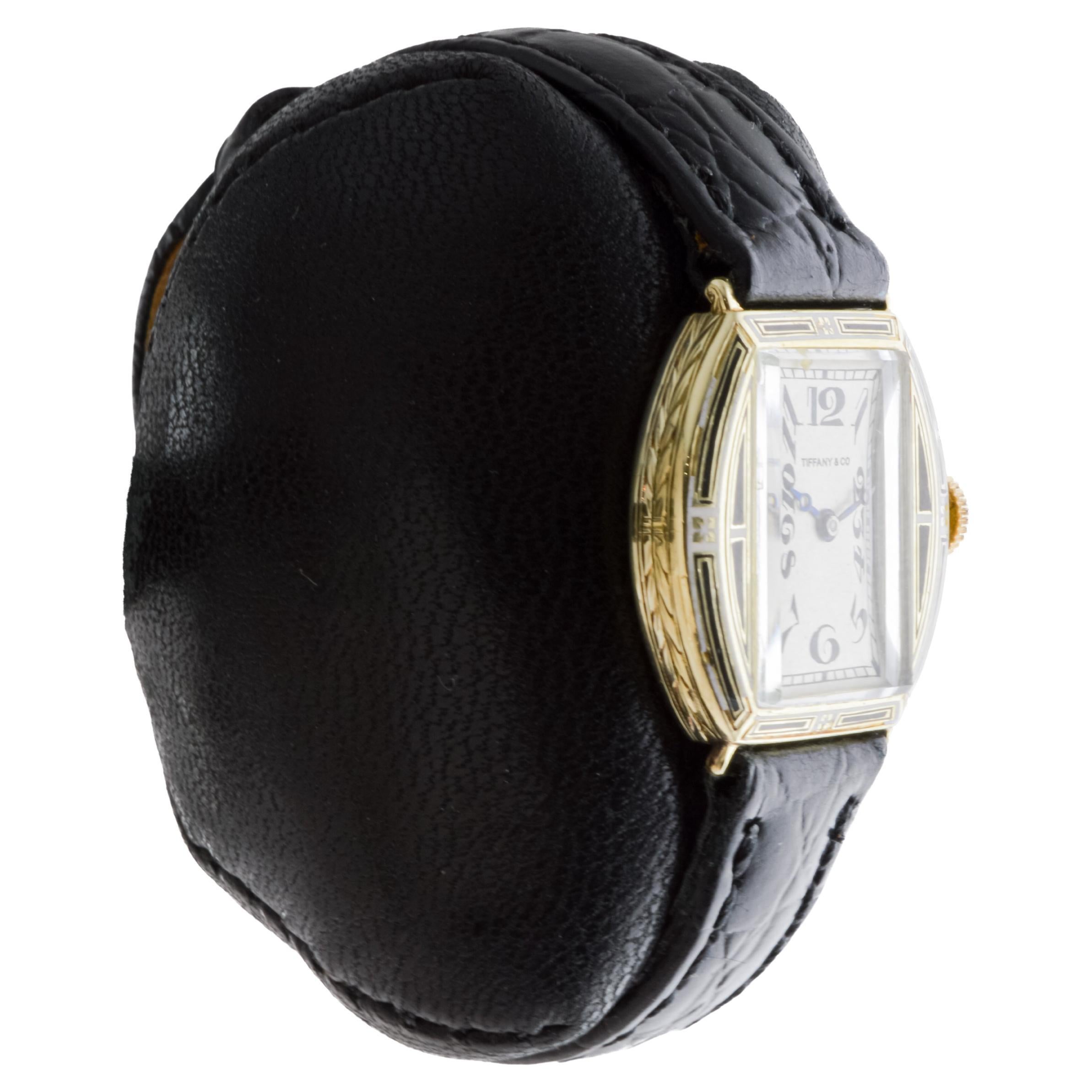 FACTORY / HOUSE: Longines for Tiffany & Co.
STYLE / REFERENCE: Art Deco / Reference 97
METAL / MATERIAL: 14Kt Solid Gold / Kiln Fired Enamel 
CIRCA / YEAR: 1919
DIMENSIONS / SIZE: Length 26mm X Diameter 22mm
MOVEMENT / CALIBER: Manual Winding / 15