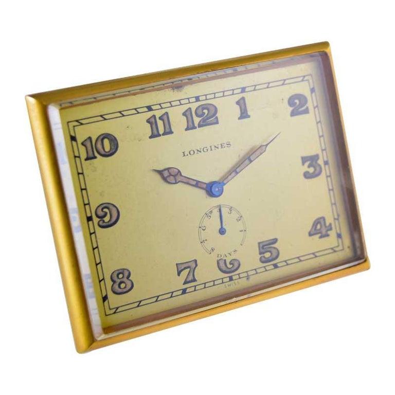 Swiss Longines Gilded Brass Art Deco 8 Day Desk Clock with Power Reserve From 1930's For Sale