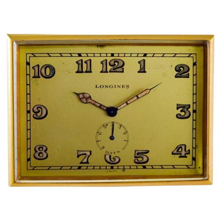 Longines Gilded Brass Art Deco 8 Day Desk Clock with Power Reserve From 1930's For Sale