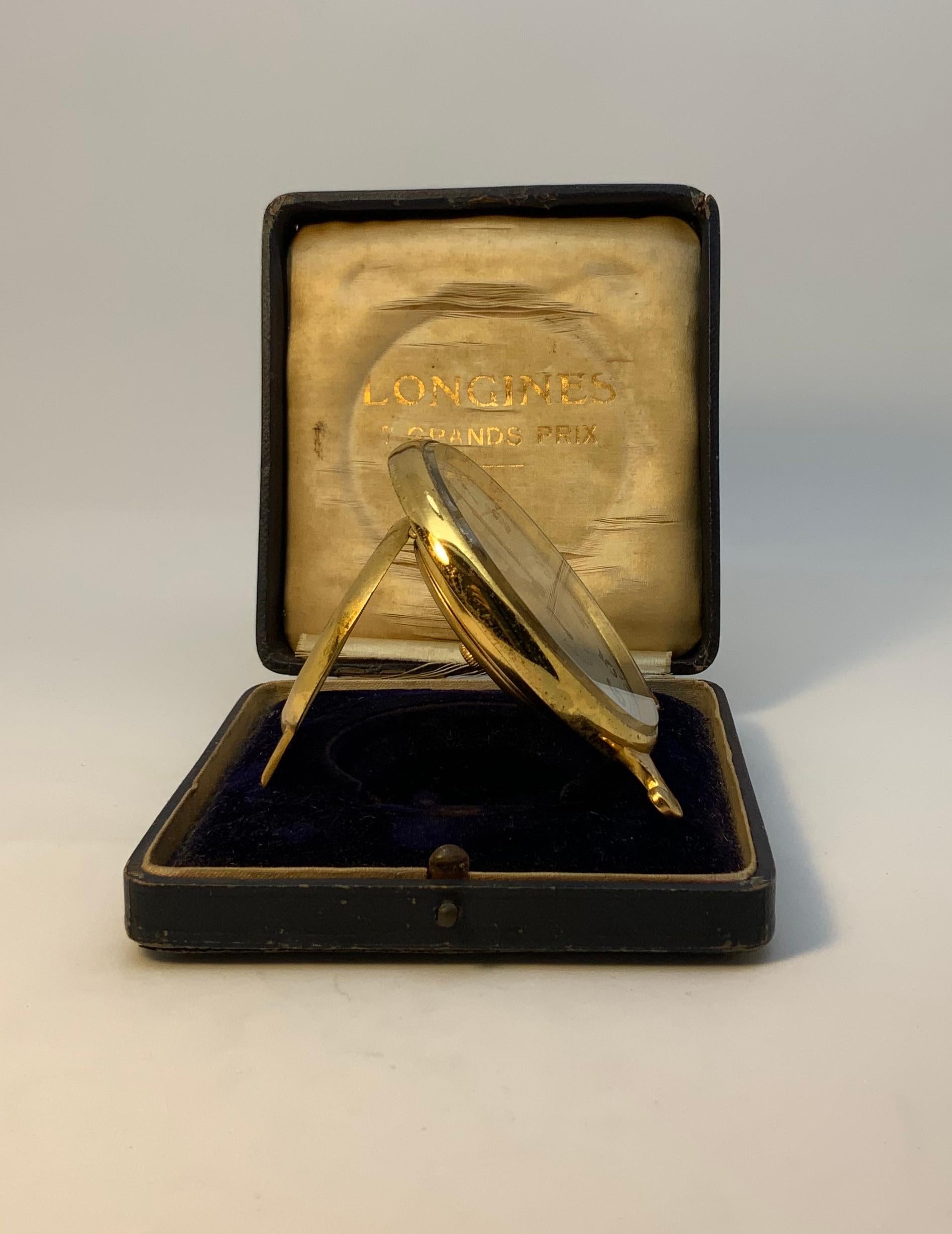 Vergoldete Messing-Schreibtischuhr aus der Zeit von Longines (Schweizerisch)