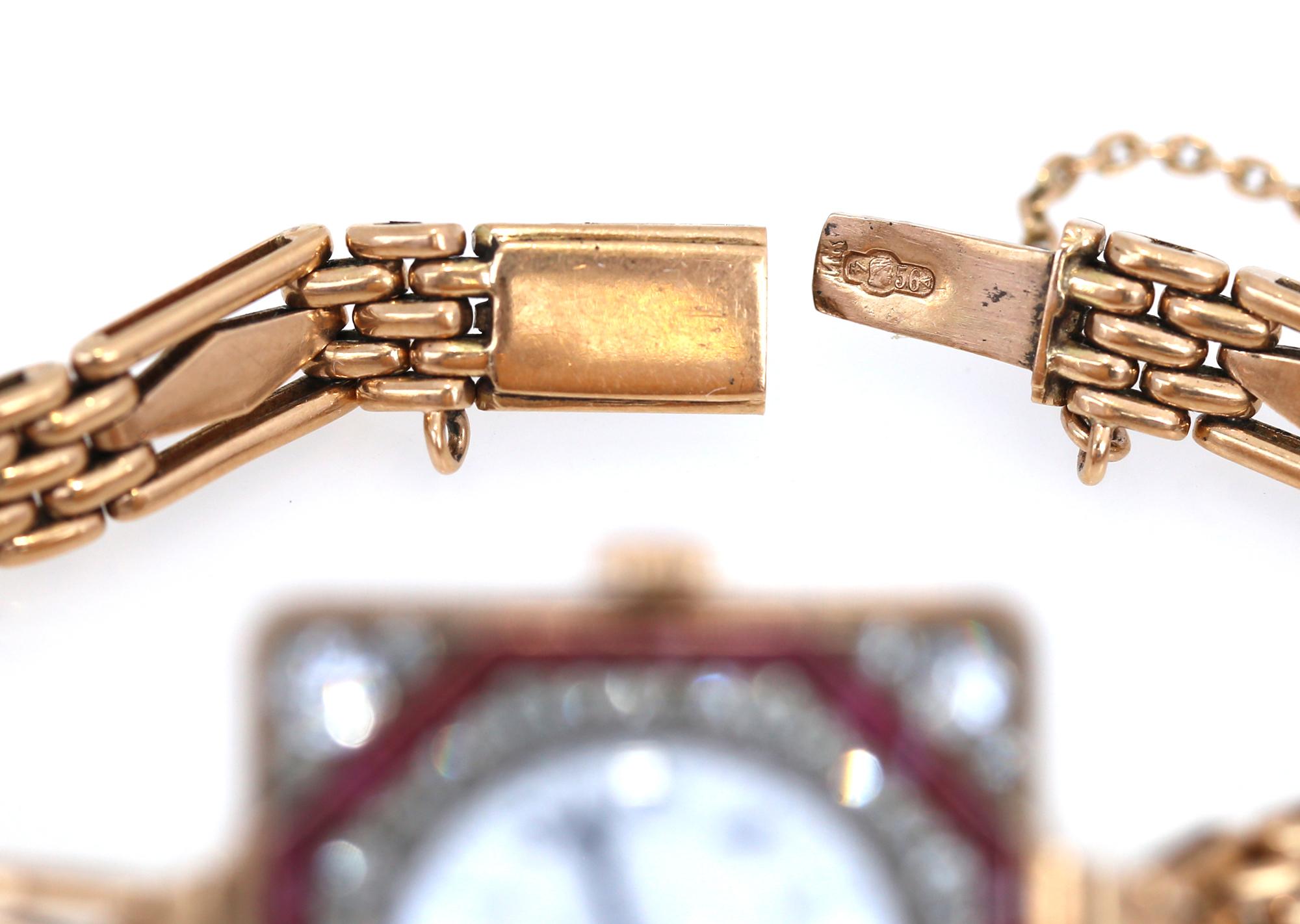 Art Deco Longines Gold Rubies Diamonds 56 Gold Lady Watch Bracelet, 1910 For Sale