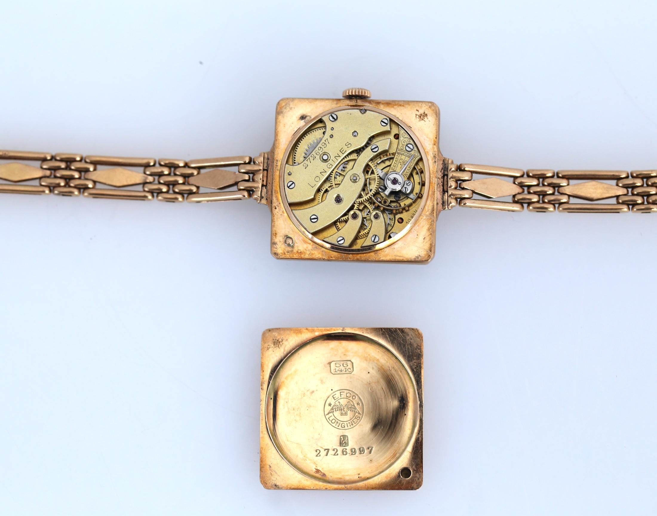 Longines Gold Rubies Diamonds 56 Gold Lady Watch Bracelet, 1910 In Good Condition For Sale In Herzelia, Tel Aviv