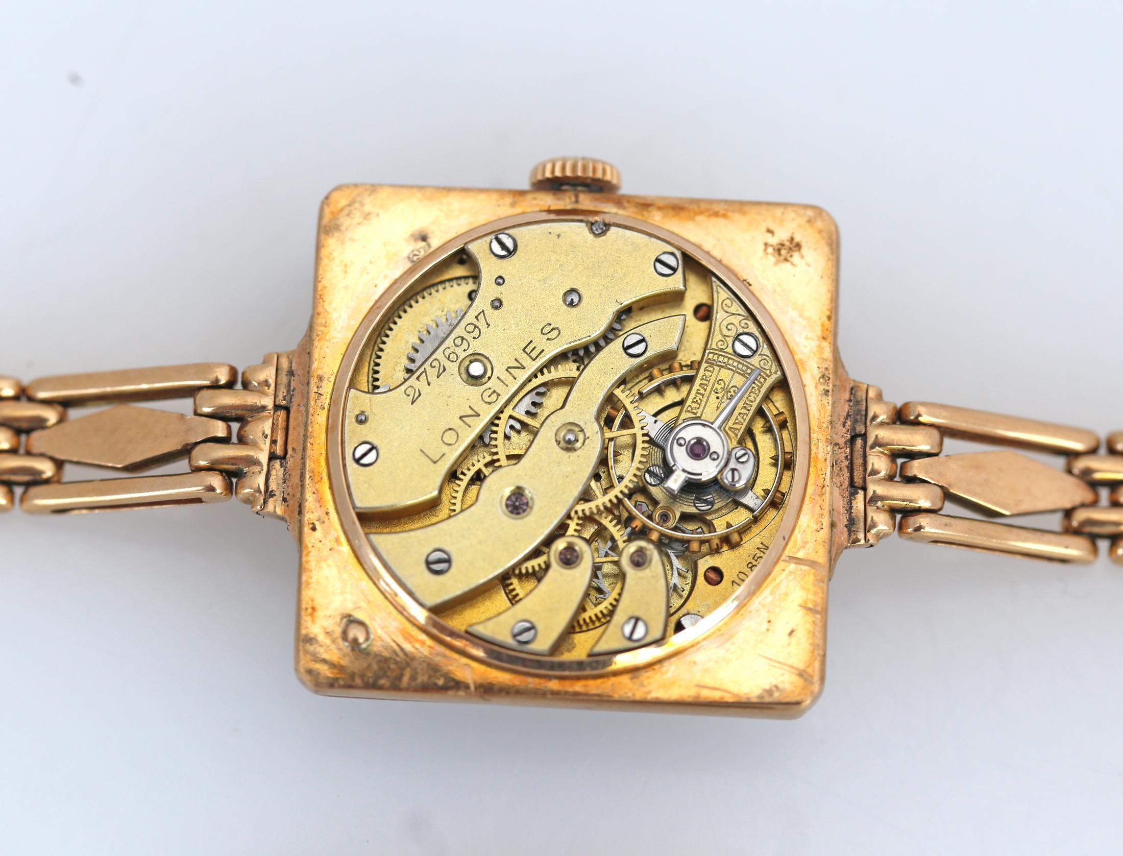 Women's Longines Gold Rubies Diamonds 56 Gold Lady Watch Bracelet, 1910 For Sale