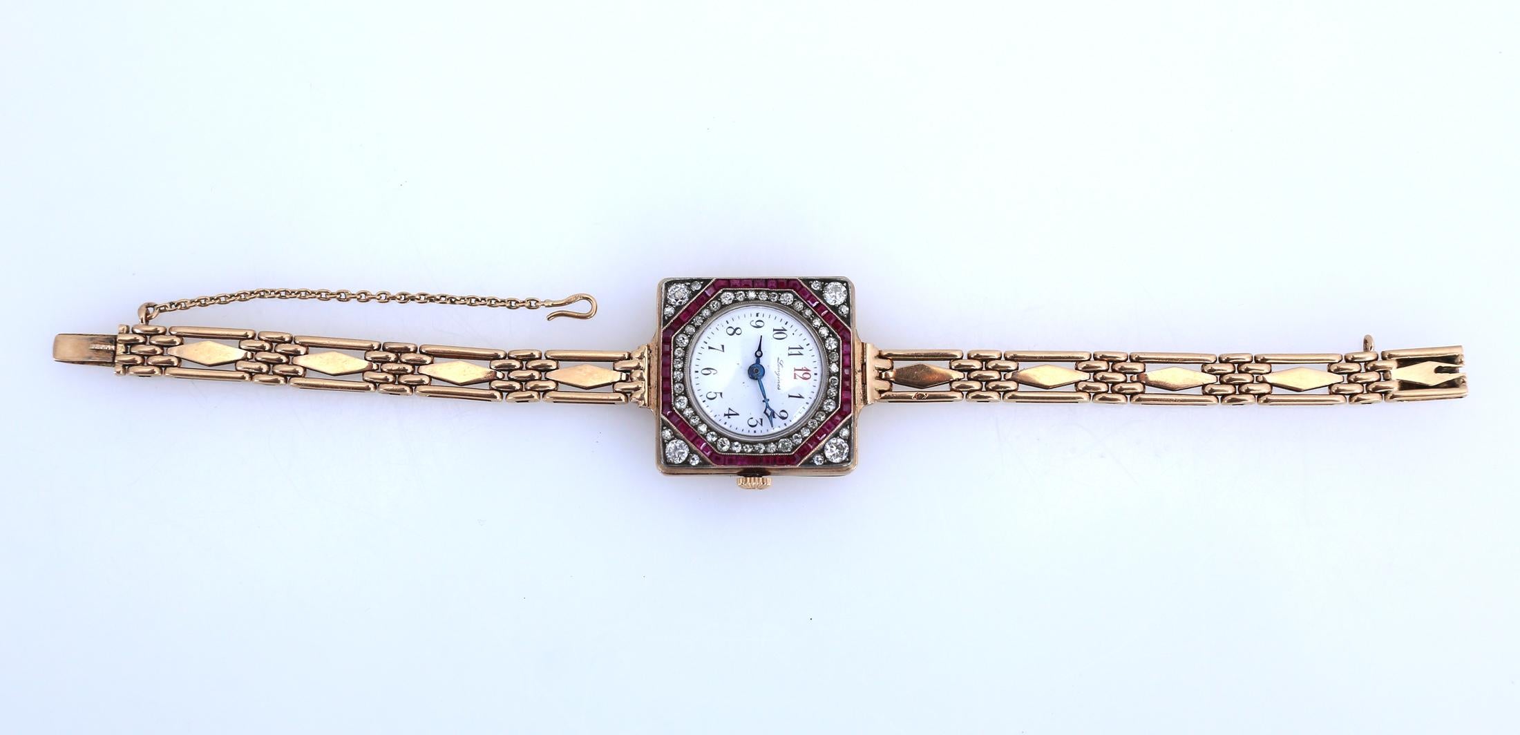 Longines Gold Rubies Diamonds 56 Gold Lady Watch Bracelet, 1910 For Sale 1